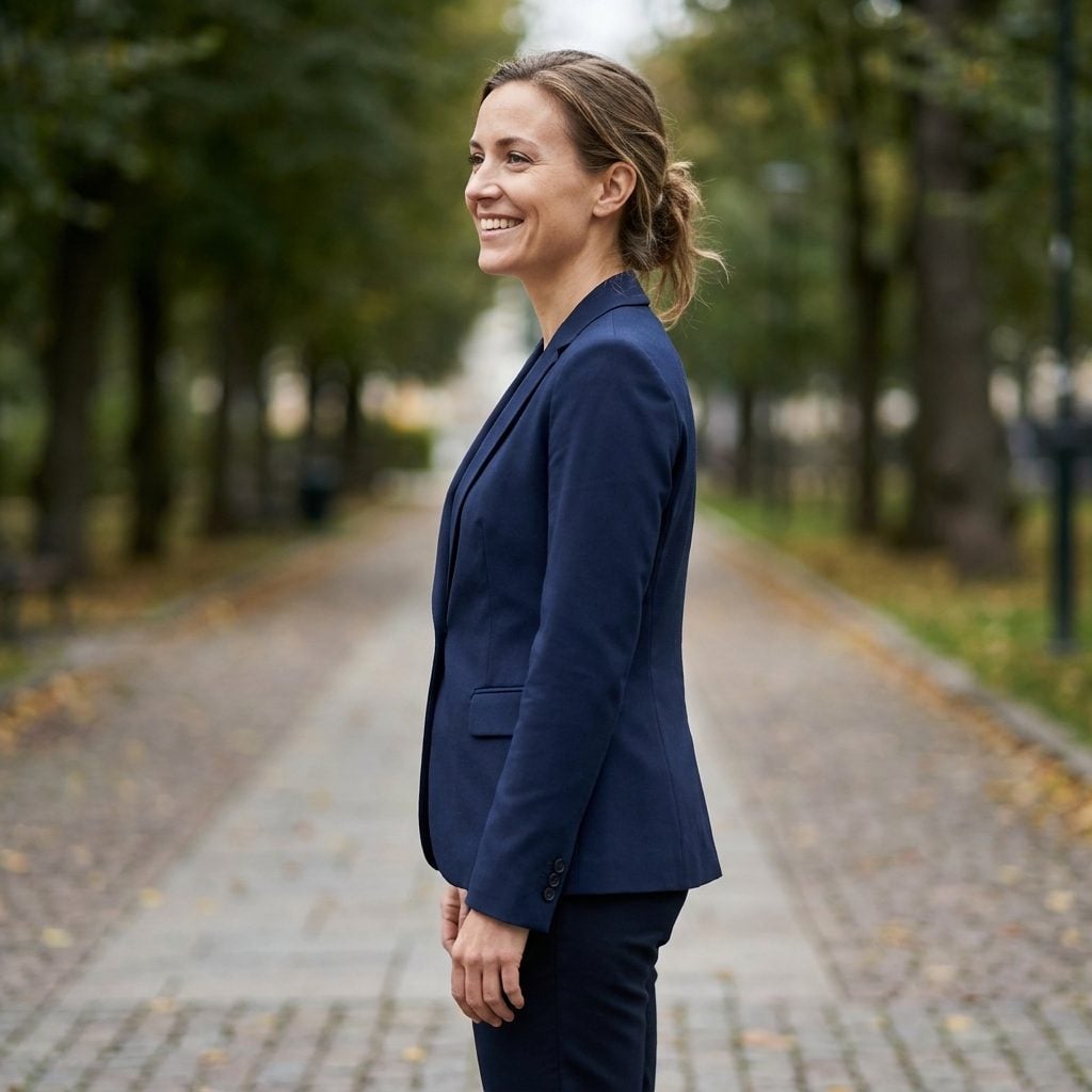 Woman in a grey herringbone blazer, side seams twisting toward the front instead of hanging vertical.