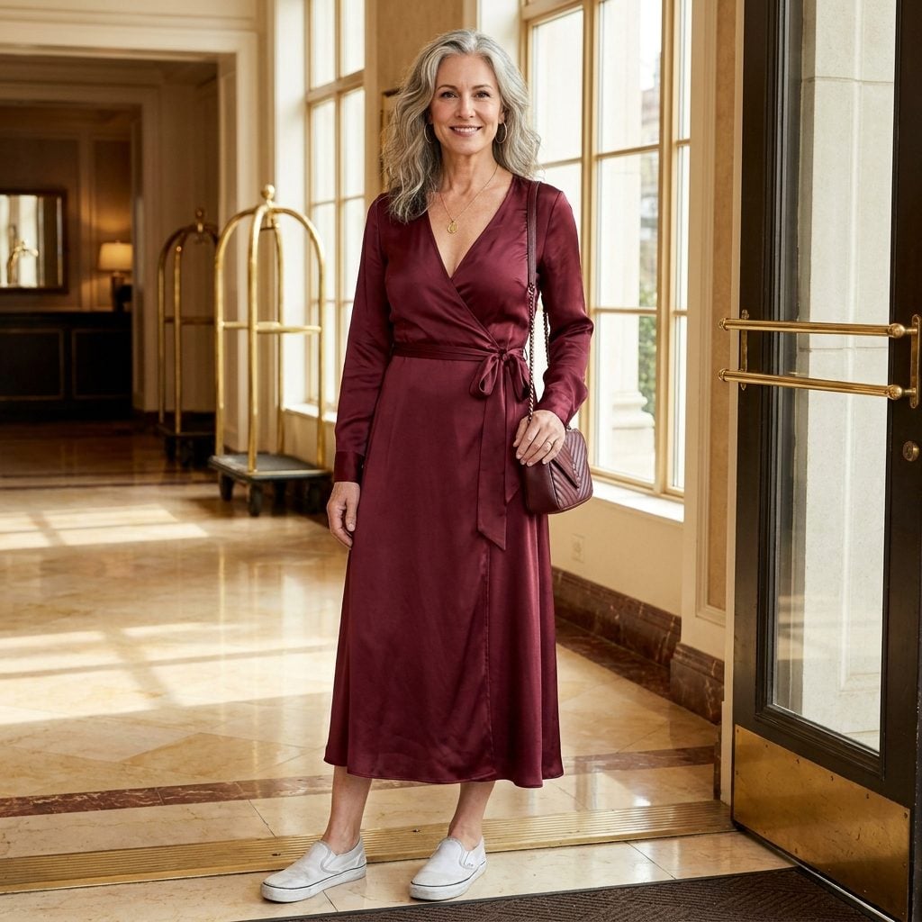 Woman in a wine silk charmeuse wrap dress with grayed white canvas slip-on sneakers.