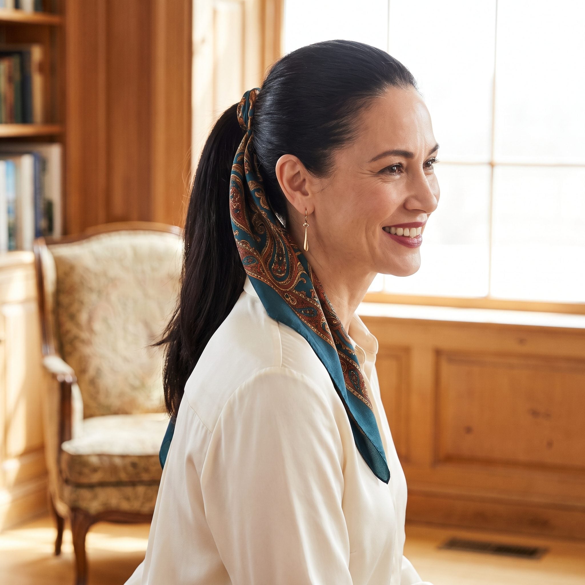 The Silk Scarf Tied Around a High Ponytail