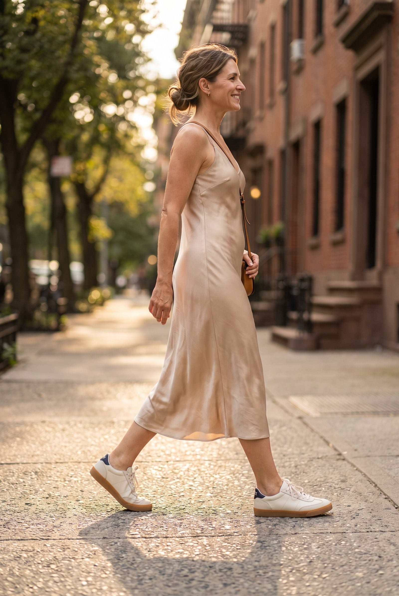 Silk Slip Dress With Sleek Retro Low-Tops: Chic