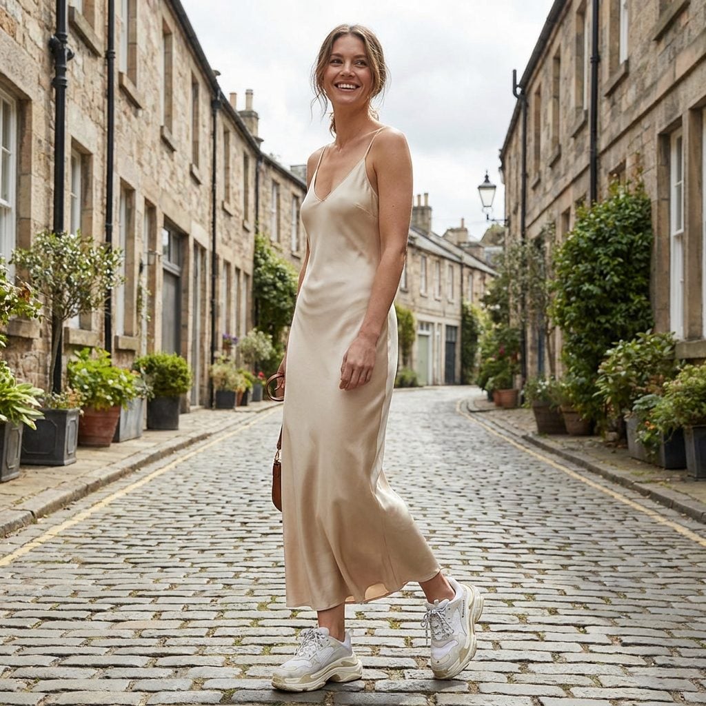 Silk Slip Dress + Thick White Basketball Sneakers