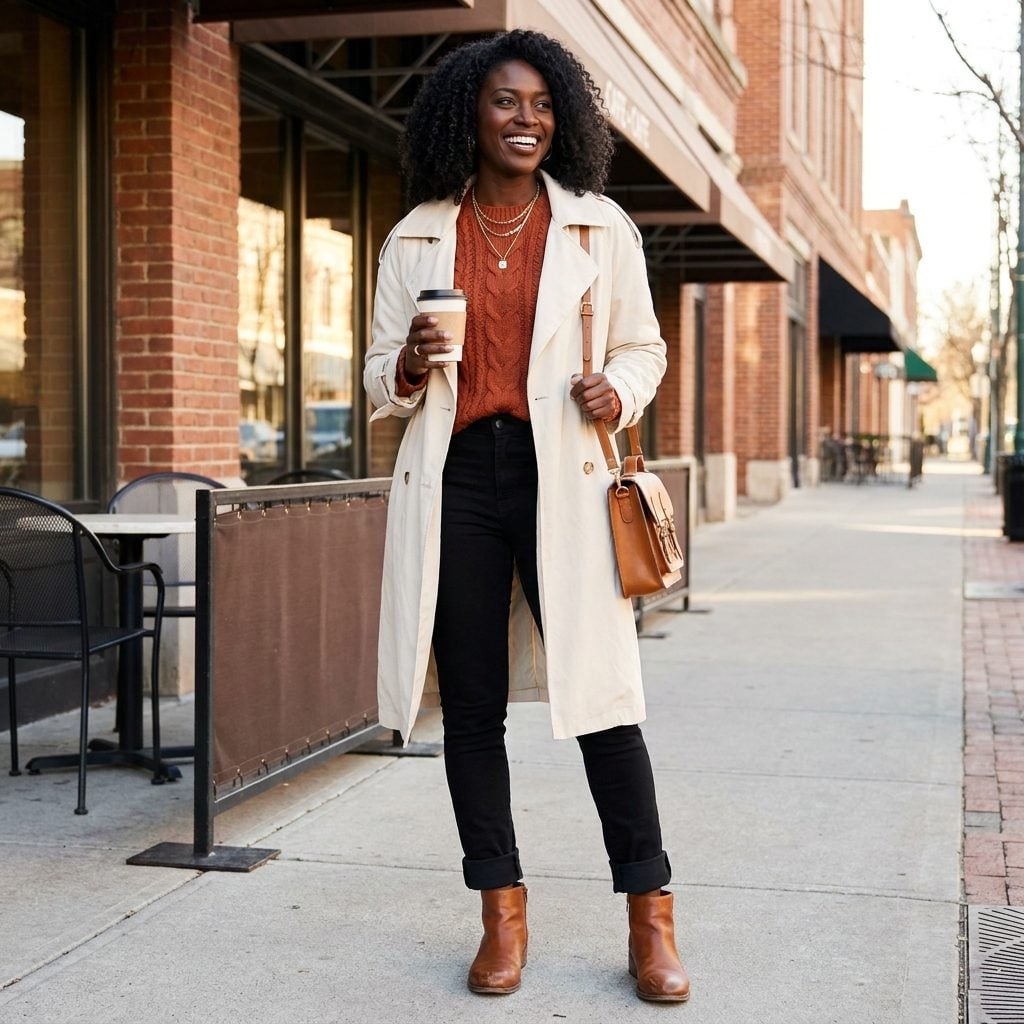 Woman in black skinny jeans tucked into short cognac ankle boots, excess denim mounding in a thick ring at the boot opening.