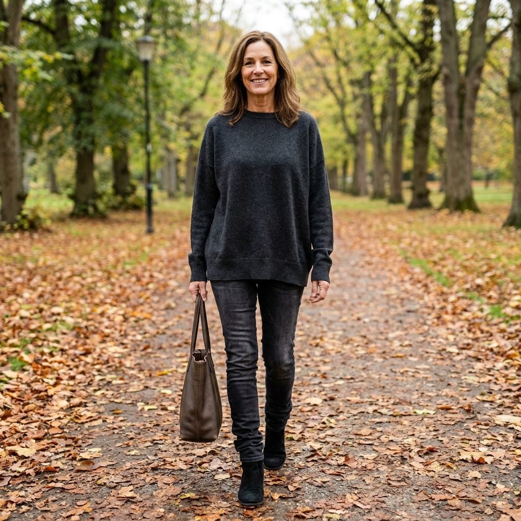Woman in black skinny jeans that bunch at the ankle over black suede boots, with a gray oversized sweater.