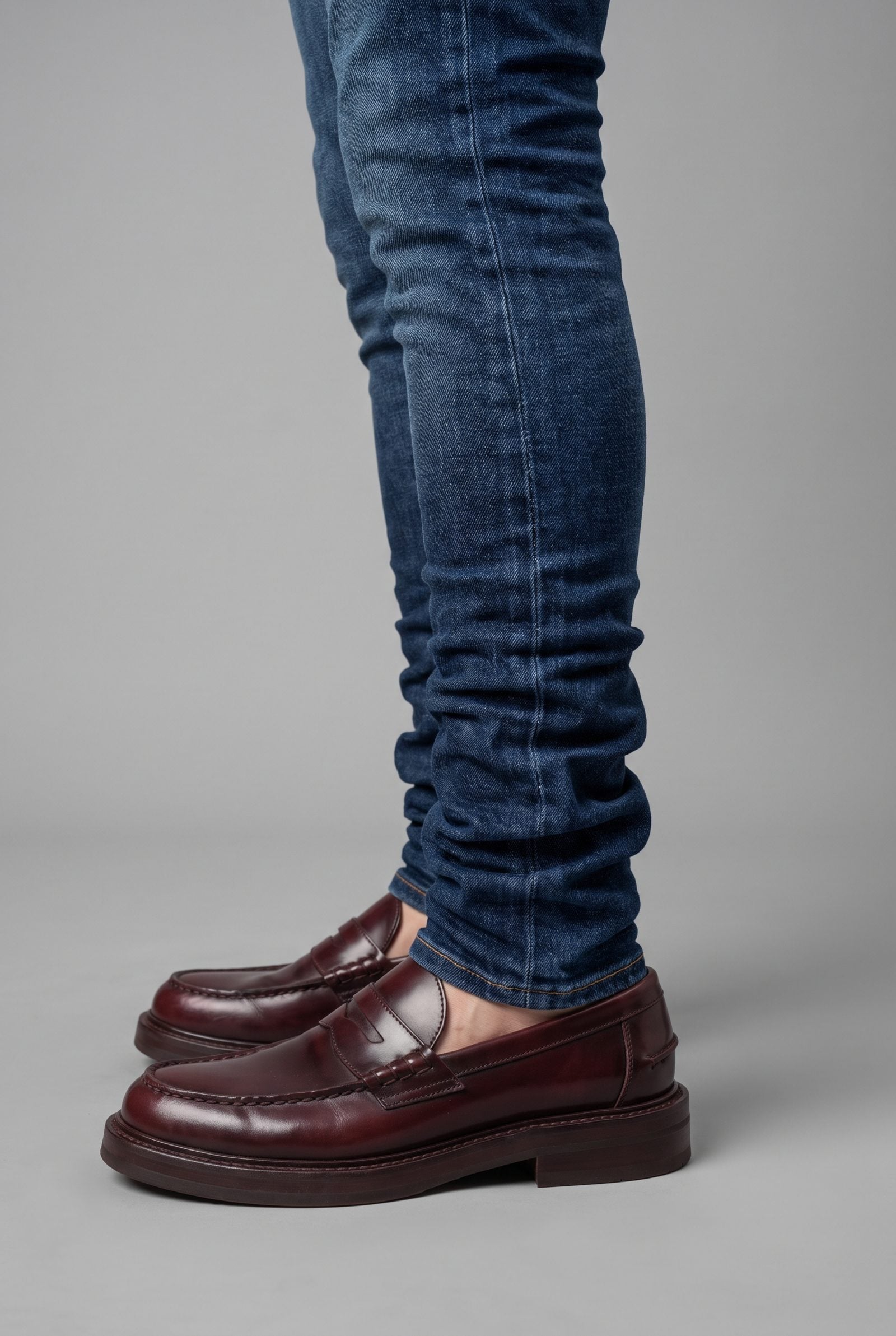 Skinny Jeans Bunched Heavily Above Chunky Penny Loafers