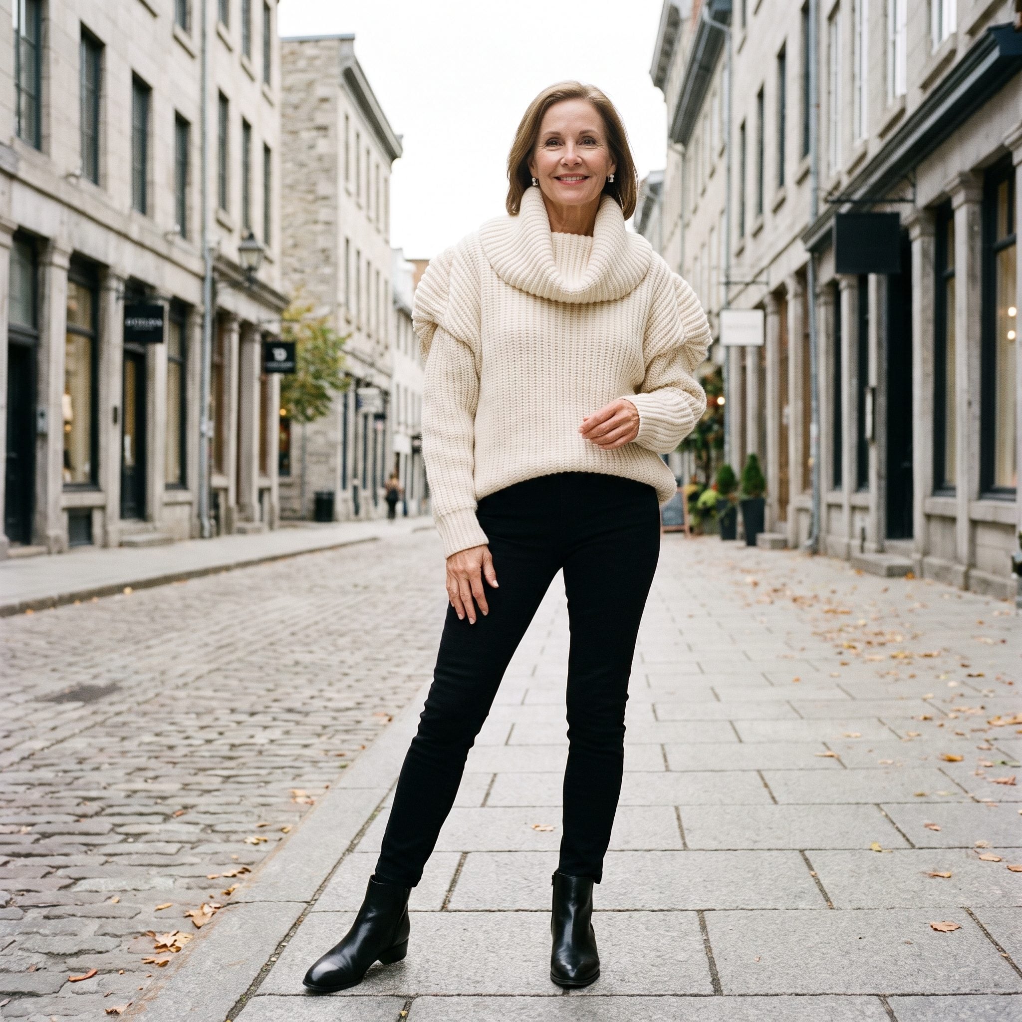 Woman in black skinny jeans under a bulky cream cowl-neck sweater with volume at the shoulders and chest.