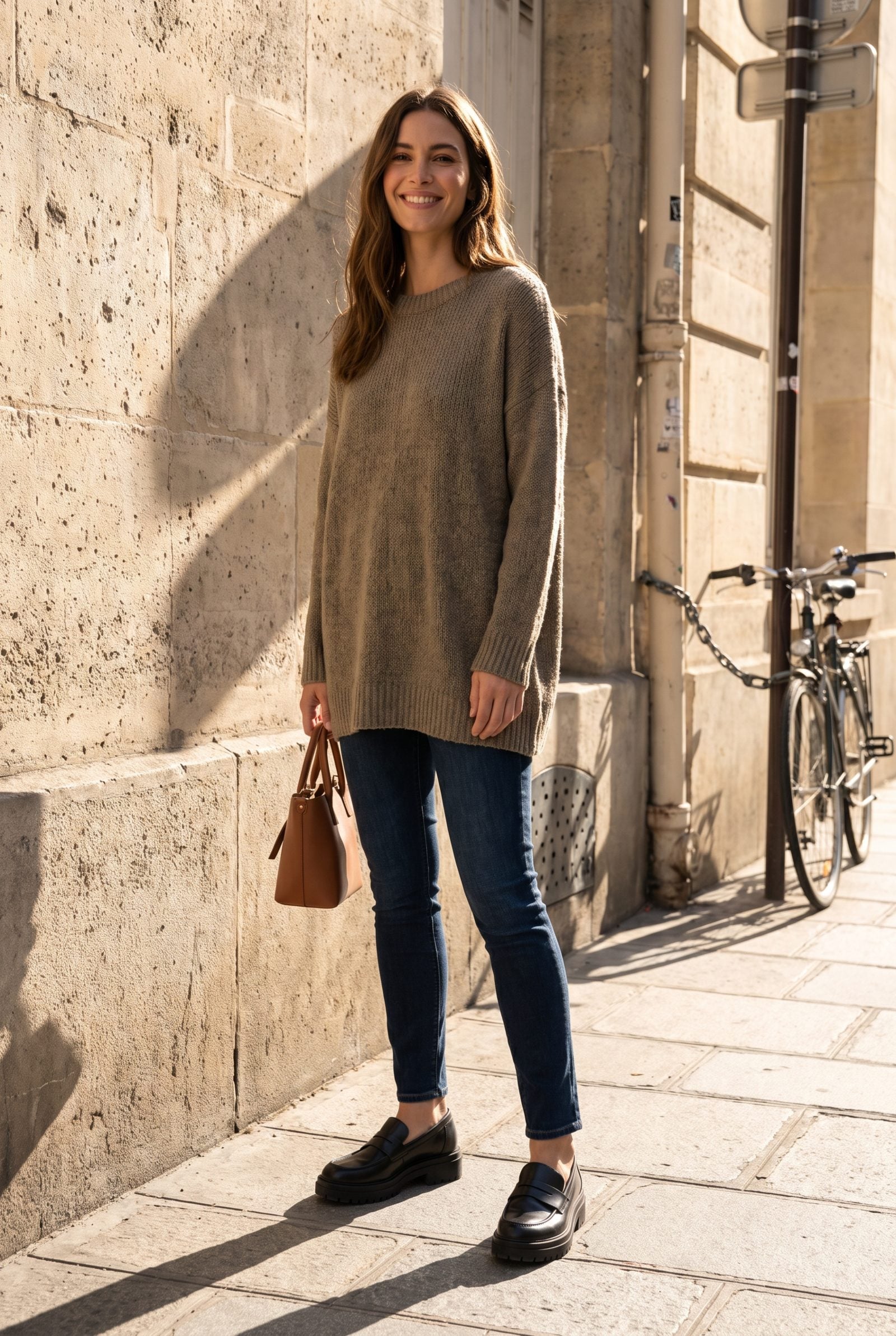 Woman in dark skinny jeans, chunky platform loafers, and an oversized cream tunic on a cobblestone street.