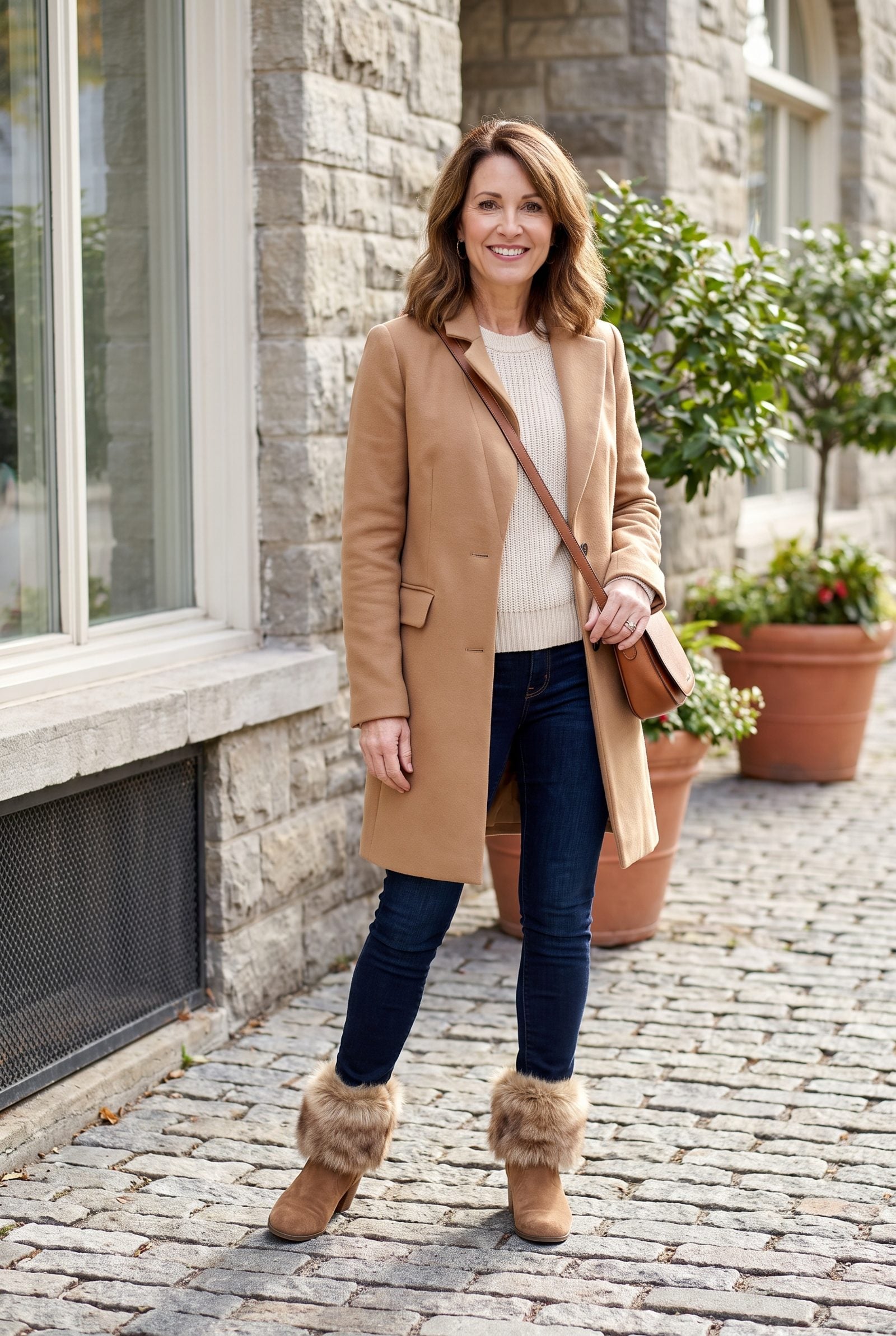 Woman in slim dark jeans with suede booties whose thick shearling fur trim adds width at each ankle.