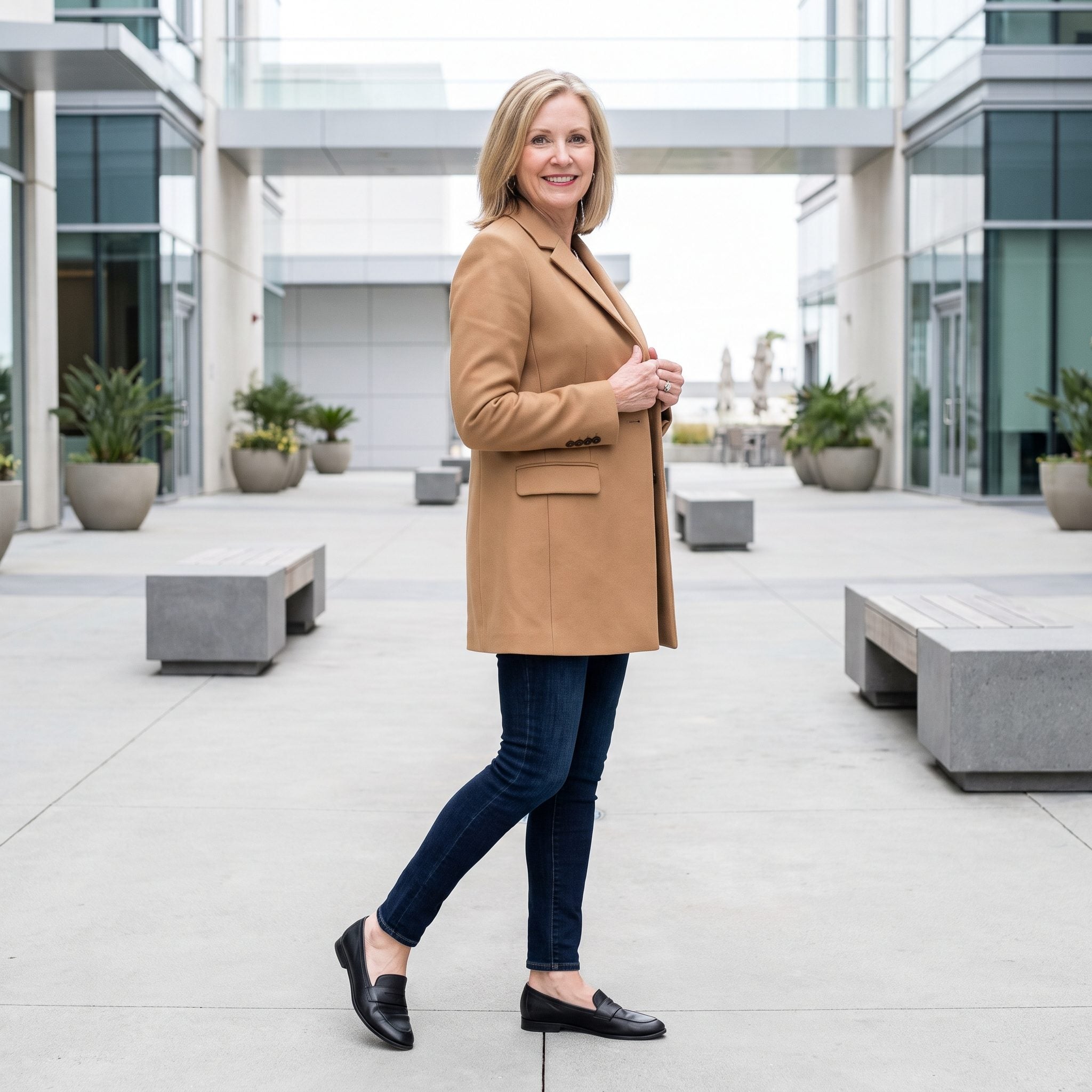 Woman in dark skinny jeans and a knee-length straight camel blazer with flat black loafers.