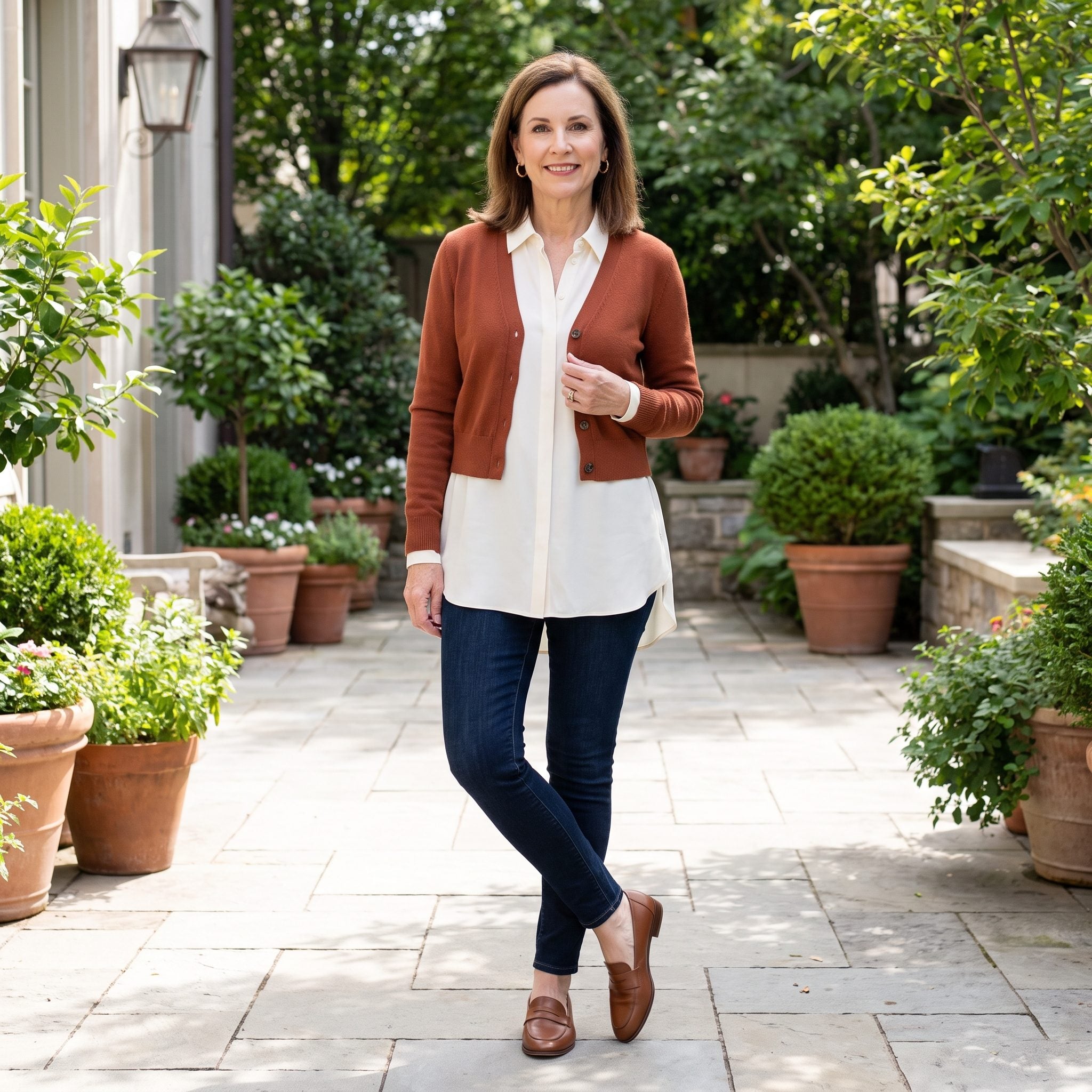 Woman in dark-indigo skinny jeans with a long ivory blouse under a short rust cardigan ending at the waist.