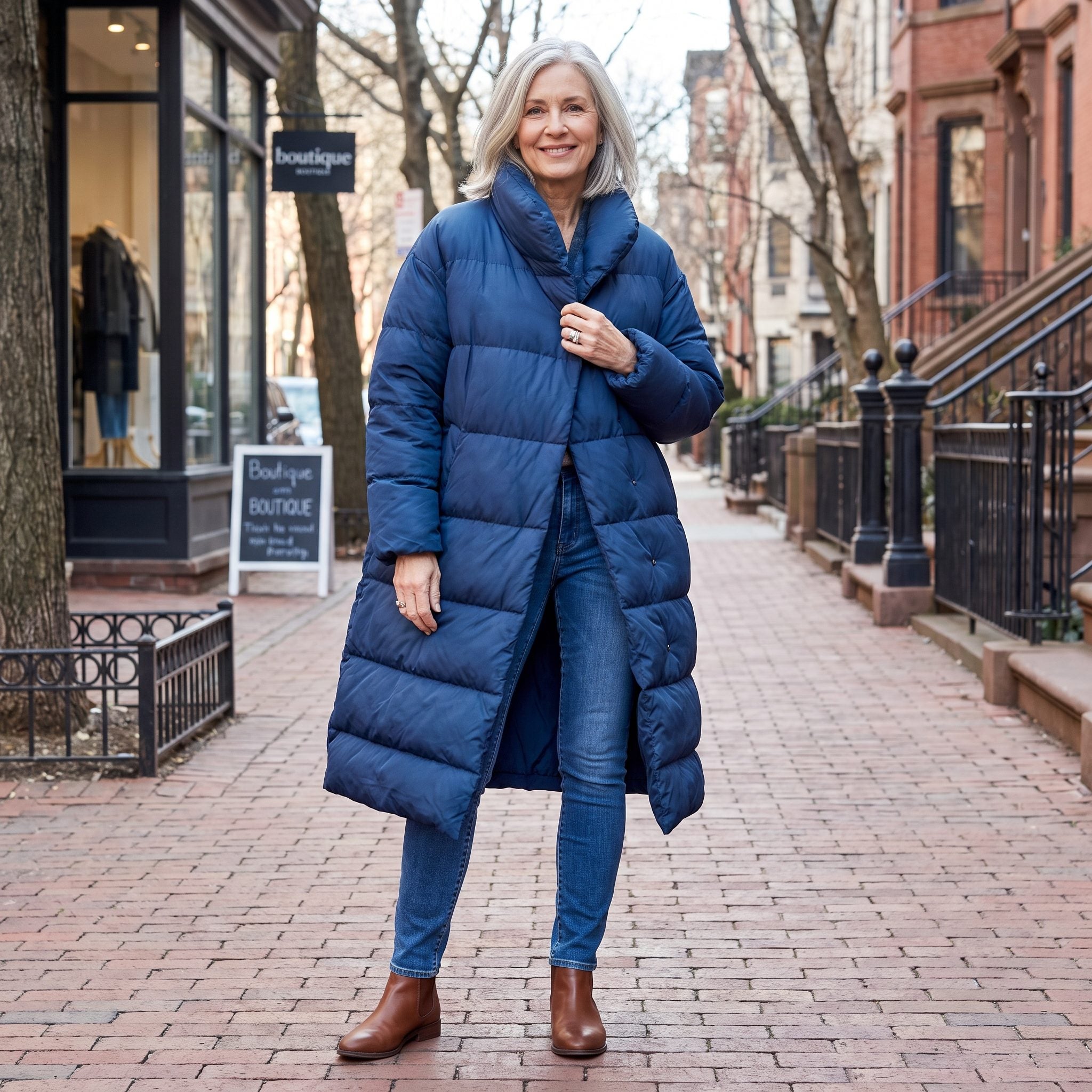 Woman in medium-blue skinny jeans under an ankle-length bulky quilted puffer coat with ankle boots.