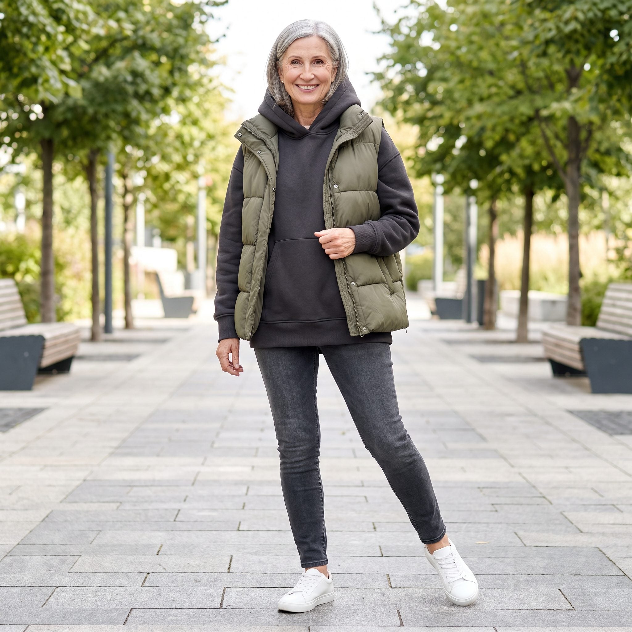 Woman in dark-gray skinny jeans, a bulky hoodie, and a padded hip-length puffer vest with sneakers.