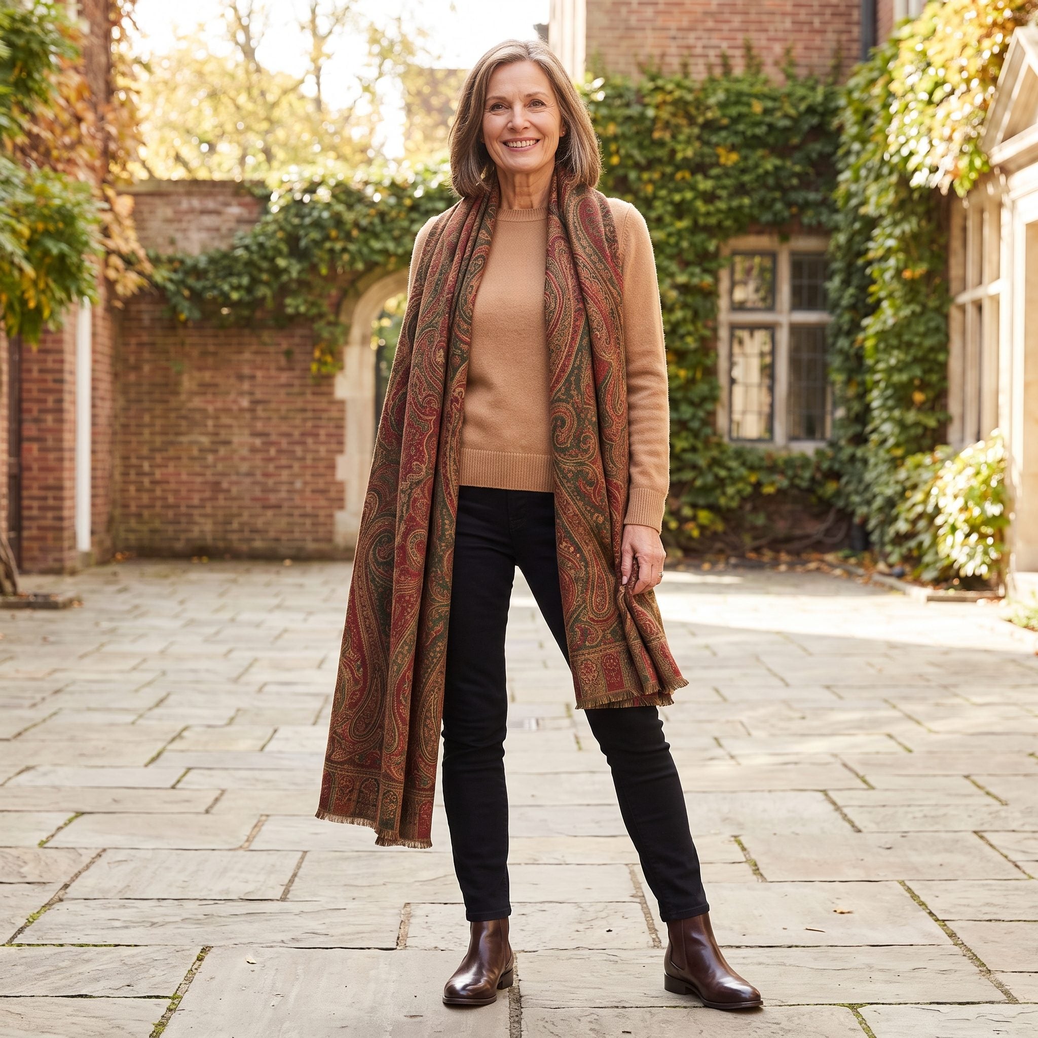 Woman in black skinny jeans and a camel sweater with a long patterned scarf hanging to the knees.