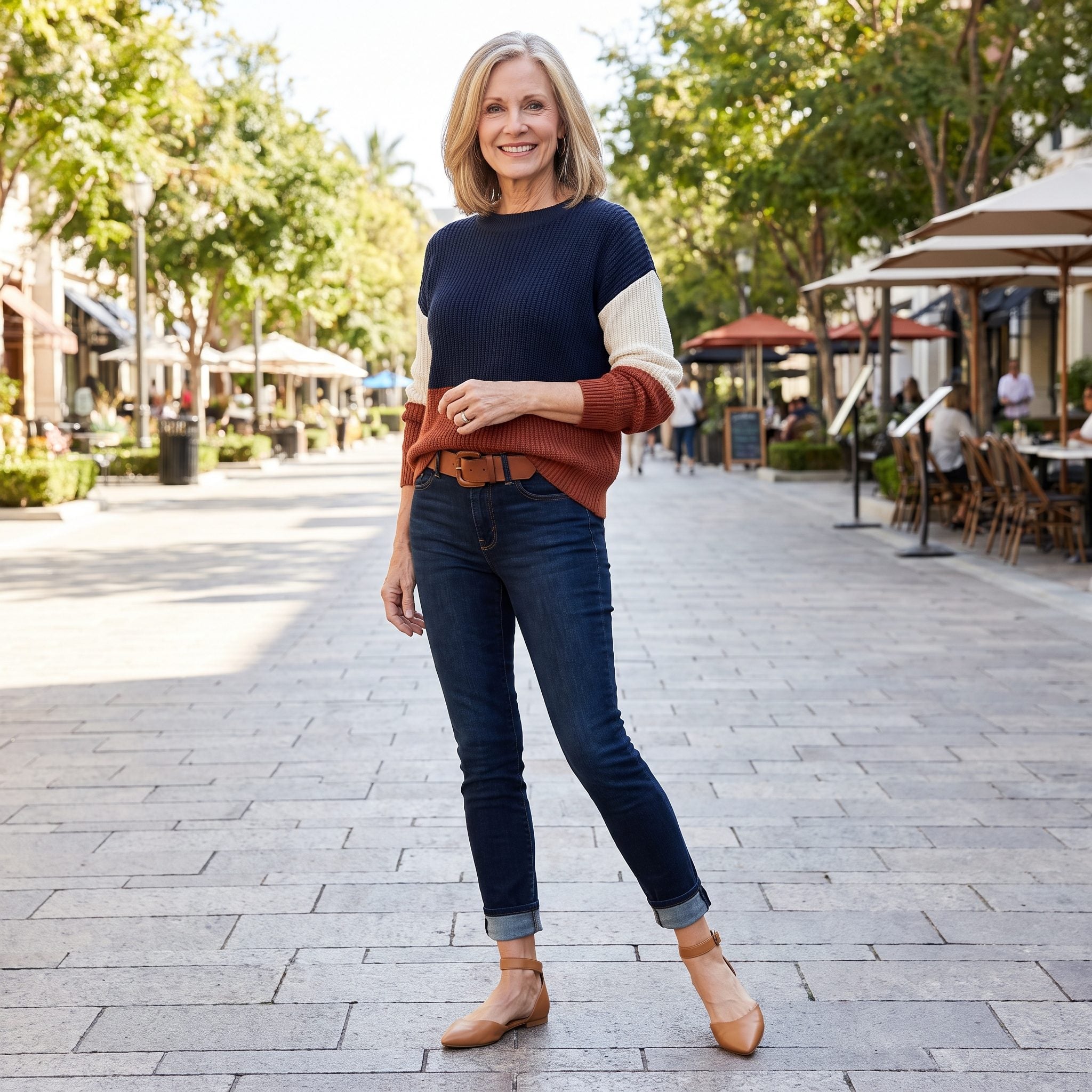 Woman in dark skinny jeans with a contrasting belt, color-block sweater, cuffed hems, and ankle-strap flats.