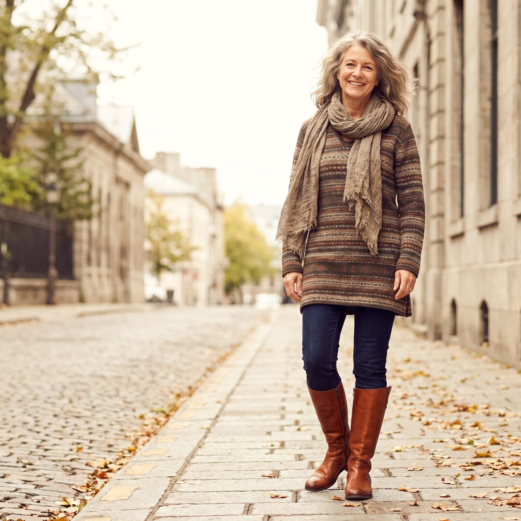 Woman in a cream tunic and scarf with dark skinny jeans tucked into tall cognac riding boots.