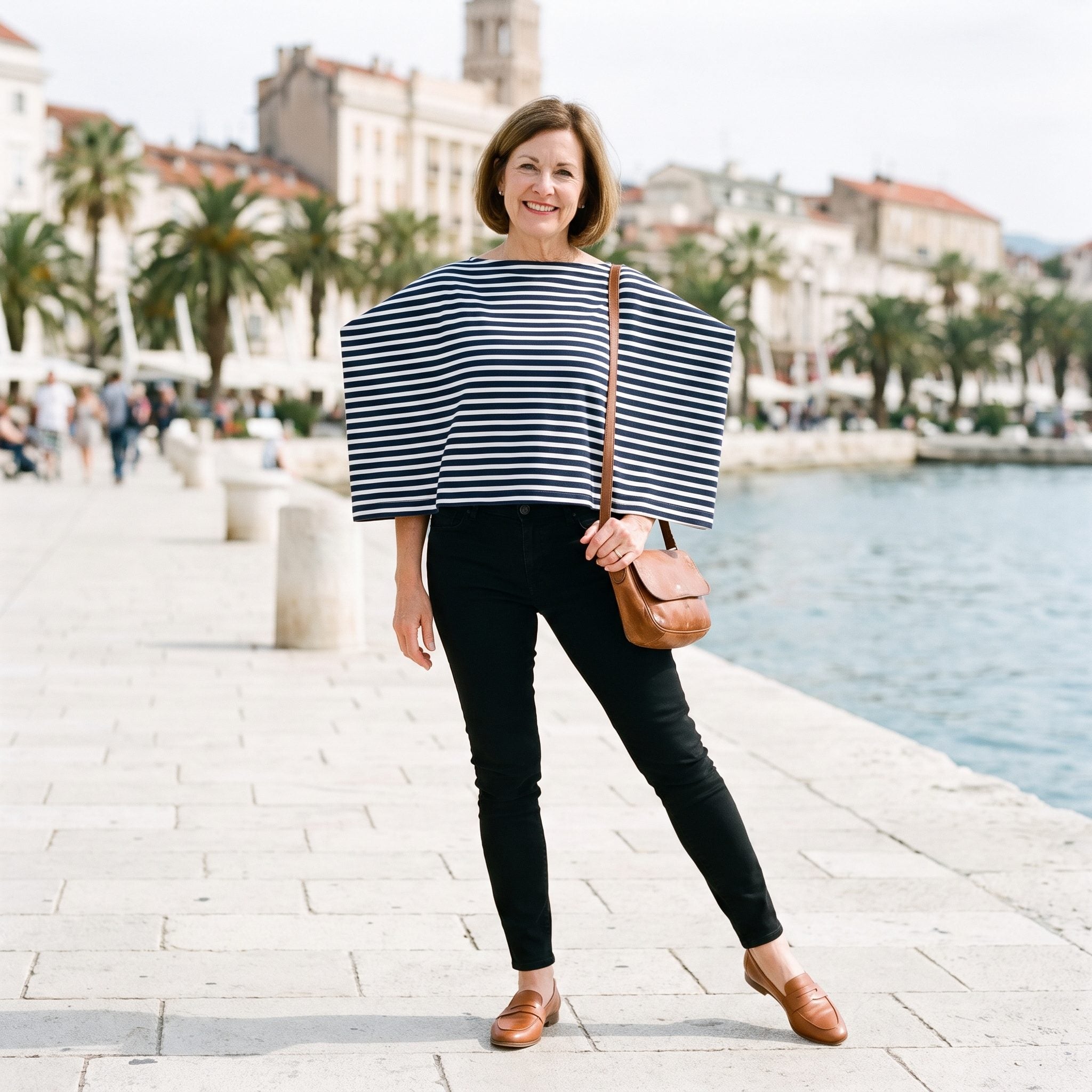 Woman in black skinny jeans and a wide striped boatneck top with a broad boxy cut across the shoulders.
