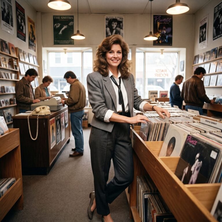 woman wearing skinny tie in 1980s record shop