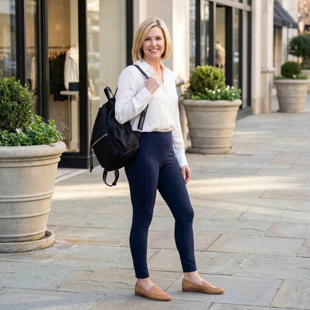 Woman in navy leggings, a white silk blouse, and camel loafers carrying a slouchy black nylon gym backpack.