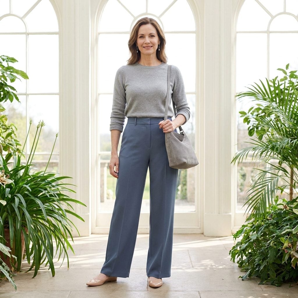 Slate Blue Wide-Leg Trousers + Nude Patent Ballet Flats That Make the Leg Go on Forever