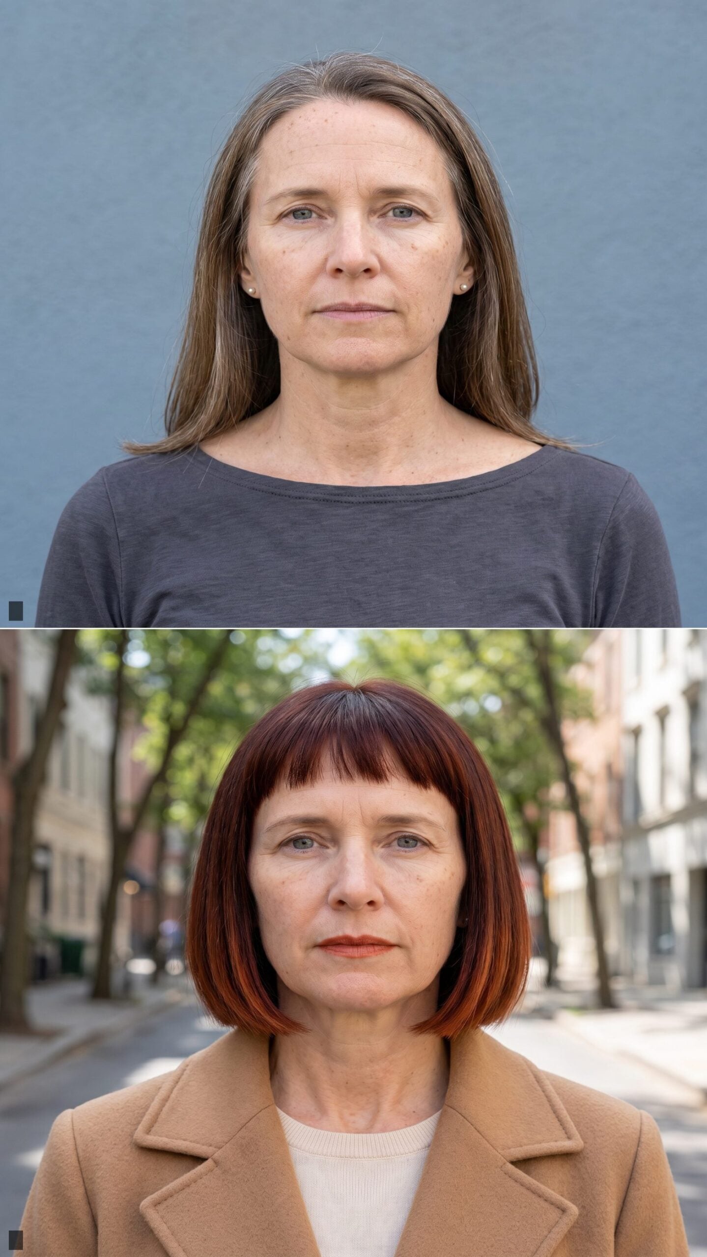 Sleek Auburn Bob with Blunt Baby Bangs and Glass Finish