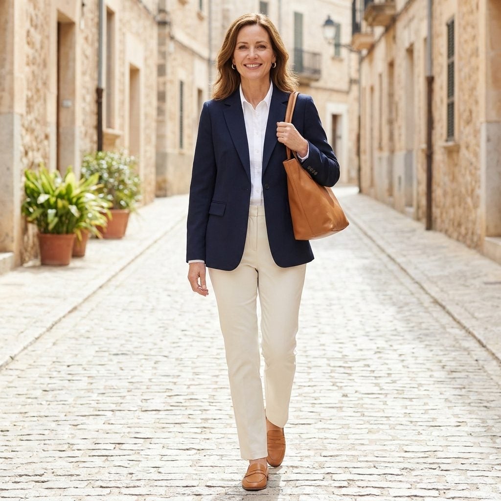 Woman in a navy blazer and white shirt with the sleeve cuff buttons running at a slight diagonal off the seam line.
