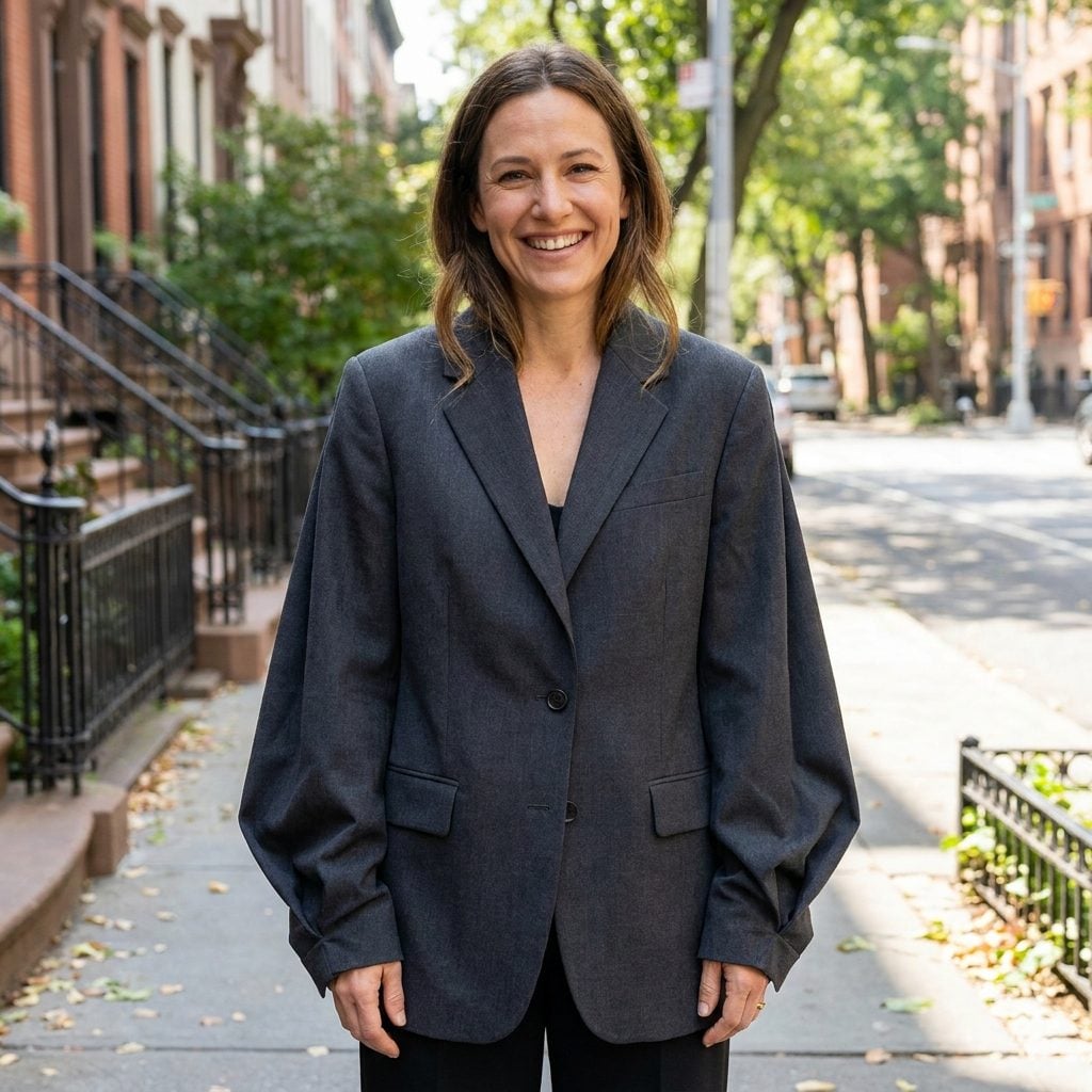 Woman in a taupe blazer, sleeves cut very wide with loose folds of fabric hanging around the forearms.