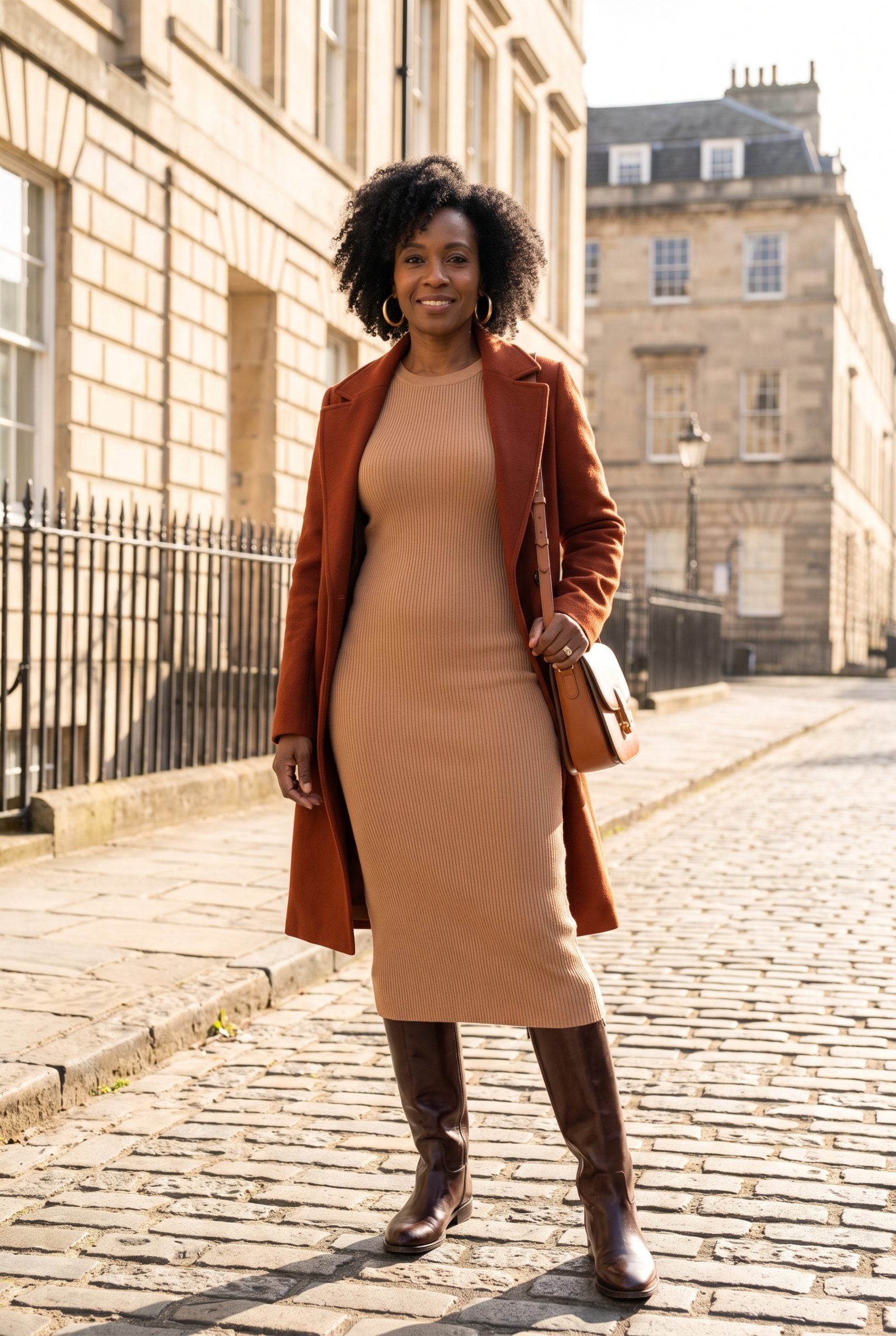 Woman in a slim camel knit midi dress and wide equestrian boots, the roomy boot openings gapping away from her slim calves.