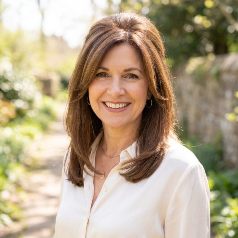 Woman over 45 with a round face wearing a slimming shoulder-length hairstyle with face-framing layers