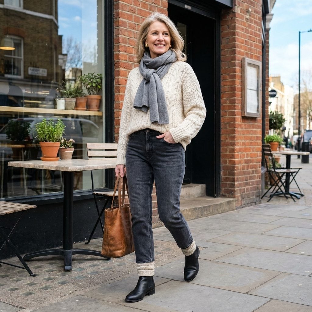 Woman in gray cropped jeans and a cream sweater with a thick sock cuff folded over the top of black ankle boots.