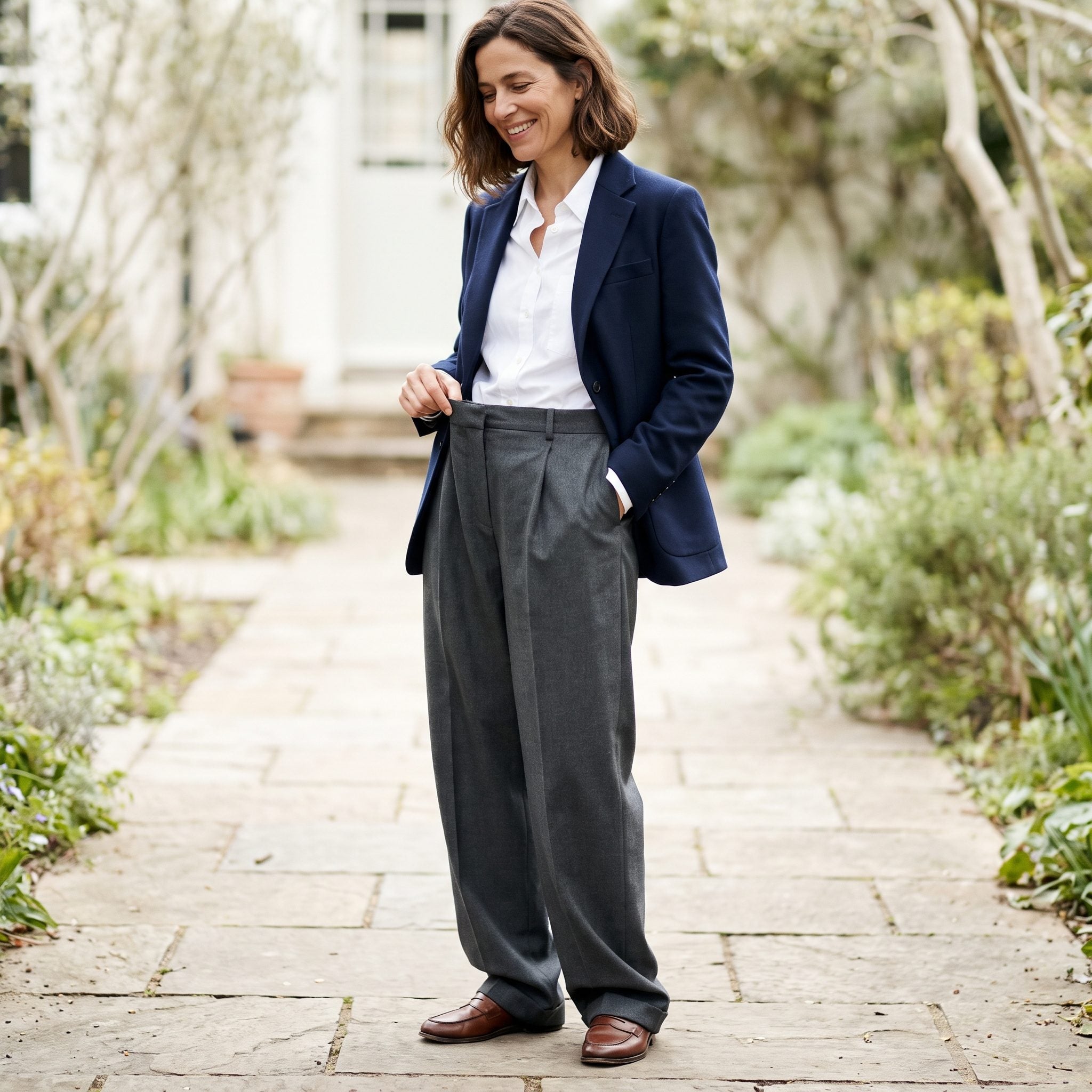 Long tailored trousers with excess fabric at the hems, styled with an ivory blouse
