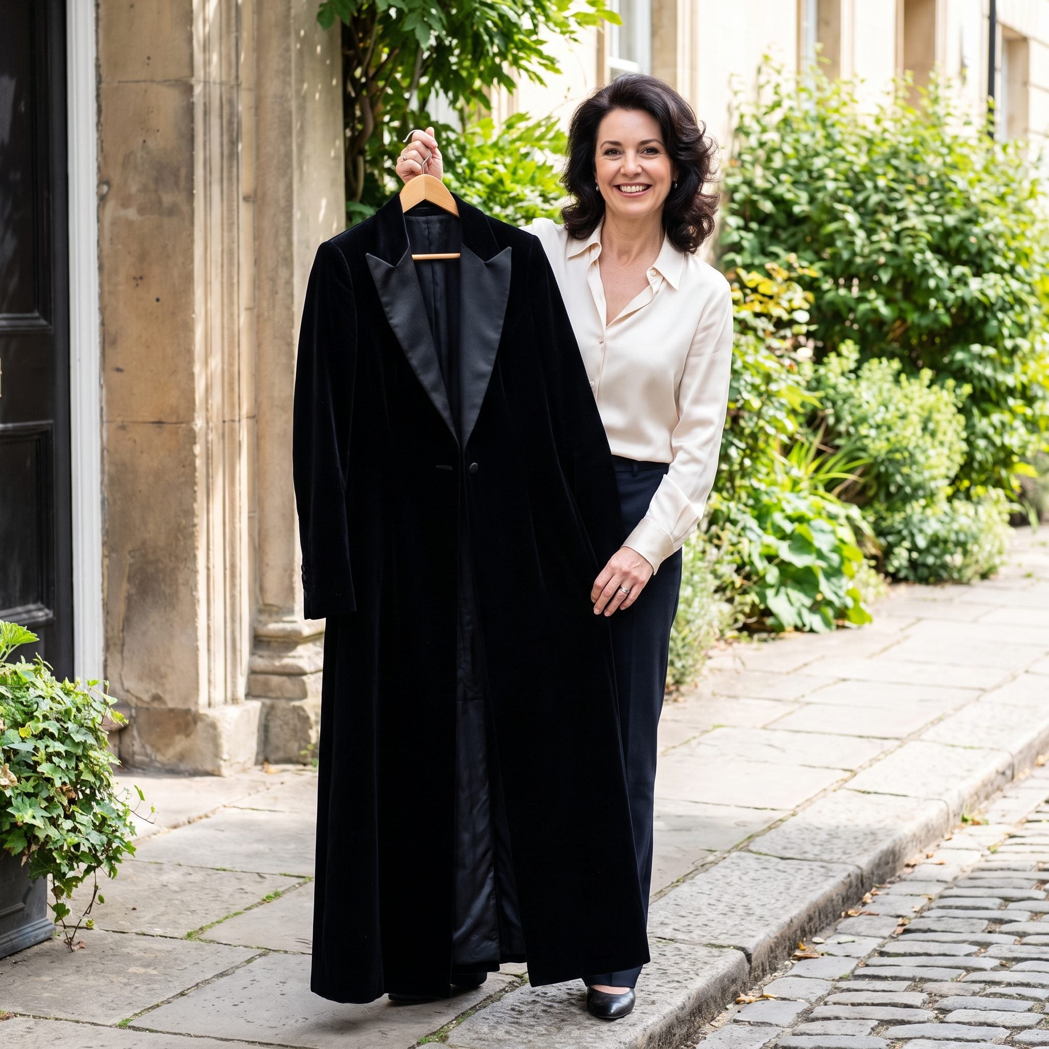 Long black velvet coat with satin lapels and a defined waist