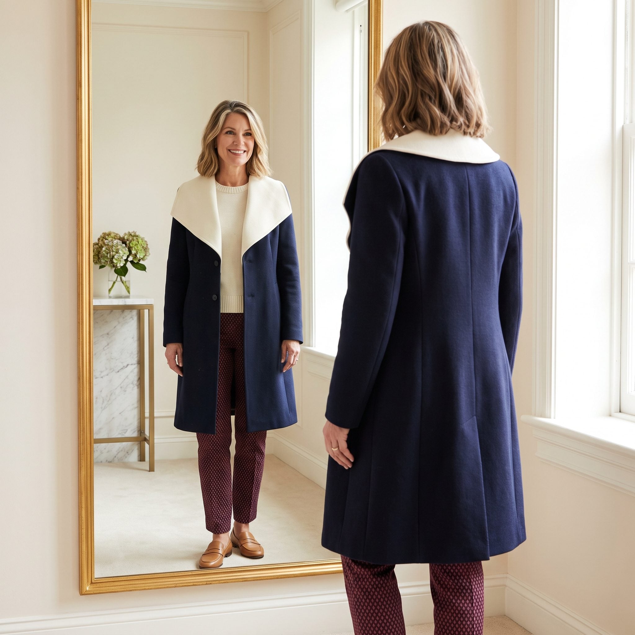 Statement-Collar Coat + Patterned Trousers
