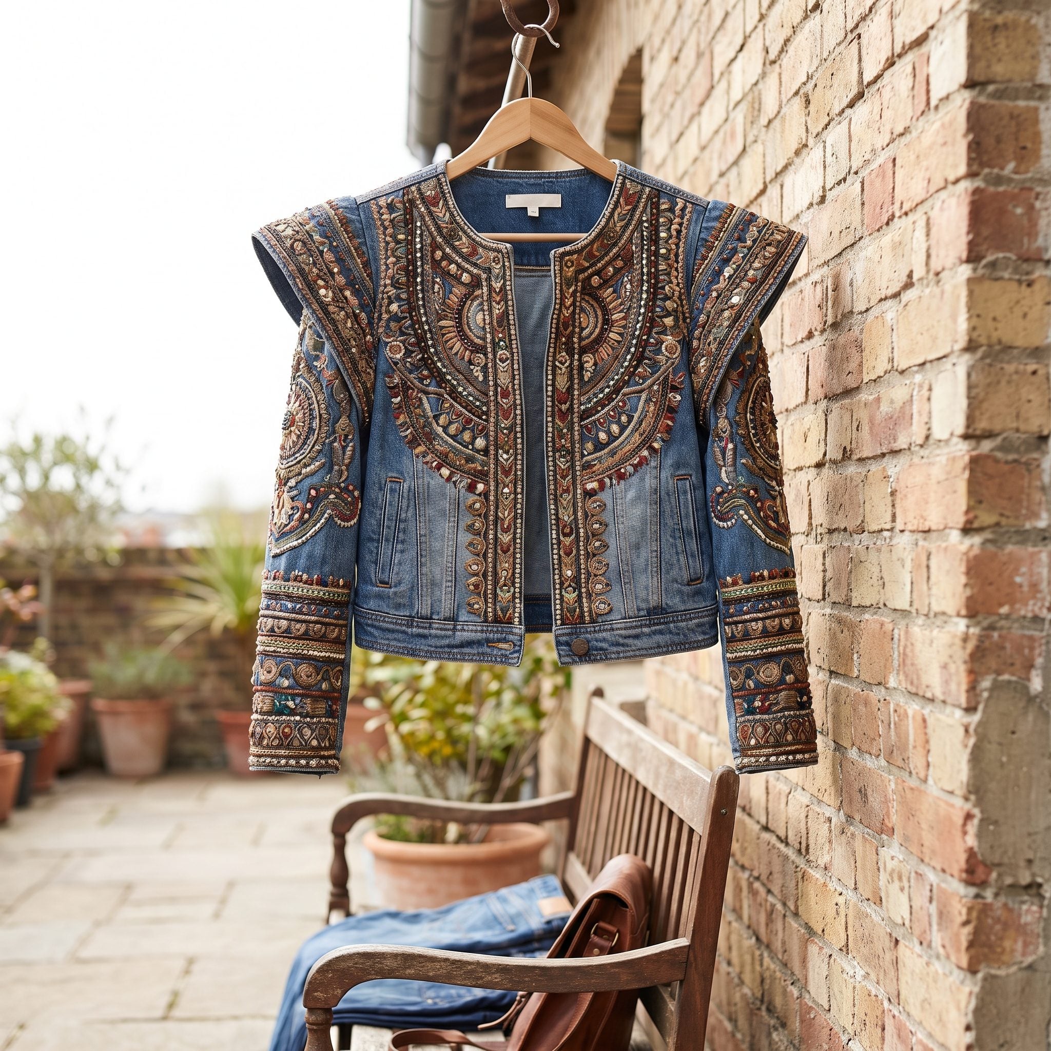 Embroidered statement jacket with pronounced shoulders and decorative buttons