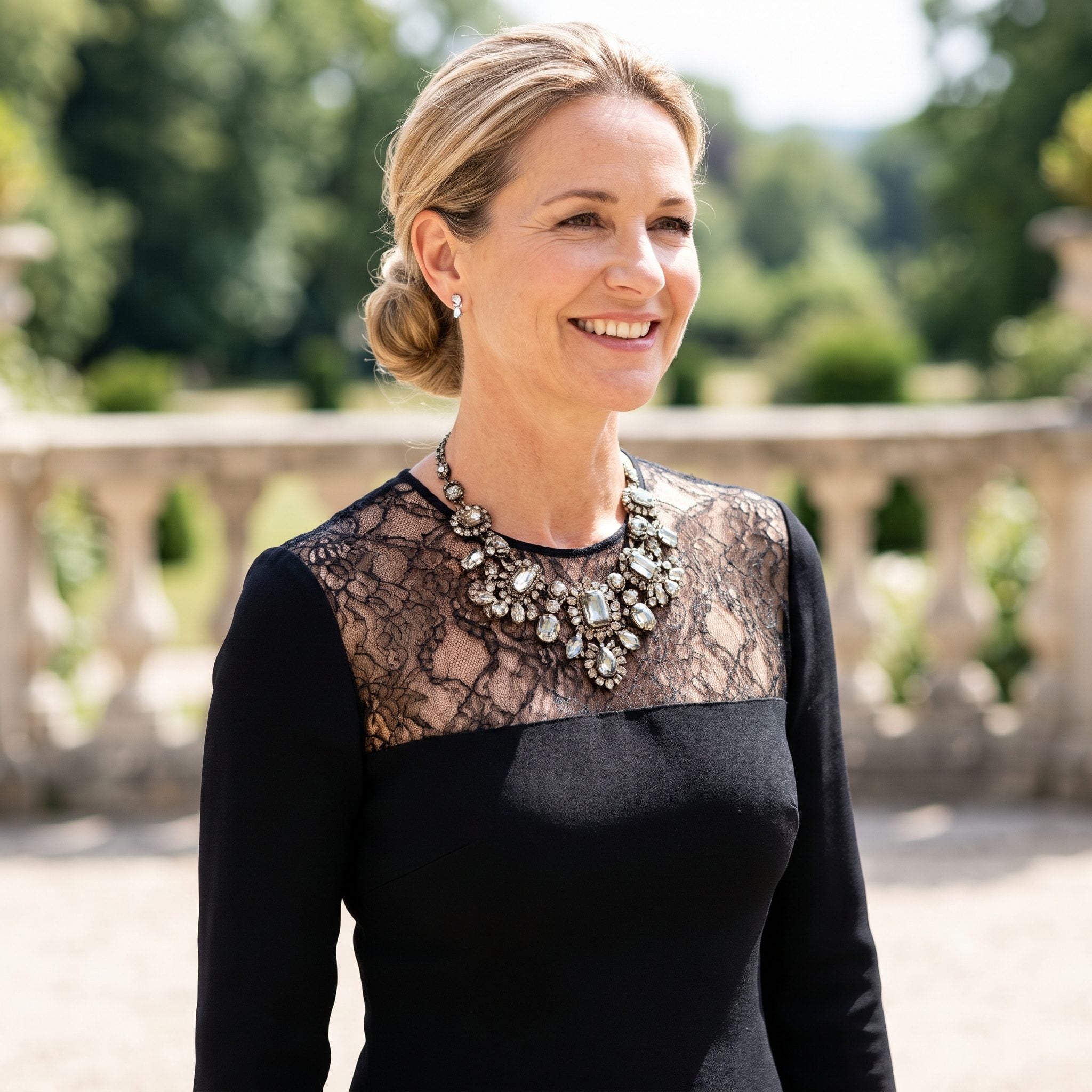 Woman in a black dress with a sheer lace yoke wearing a large gemstone necklace over the lace pattern.