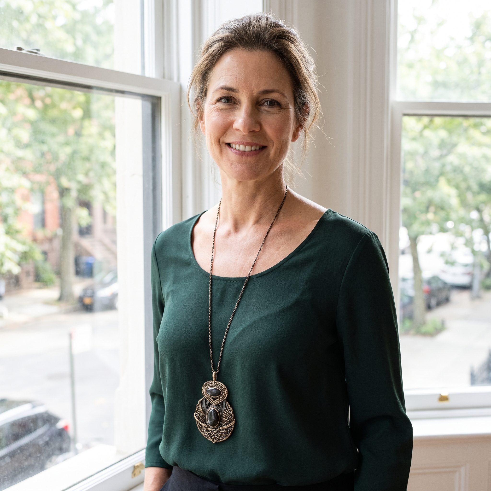 Woman in a forest-green scoop-neck blouse with a statement necklace hanging low, leaving a gap below the neckline.