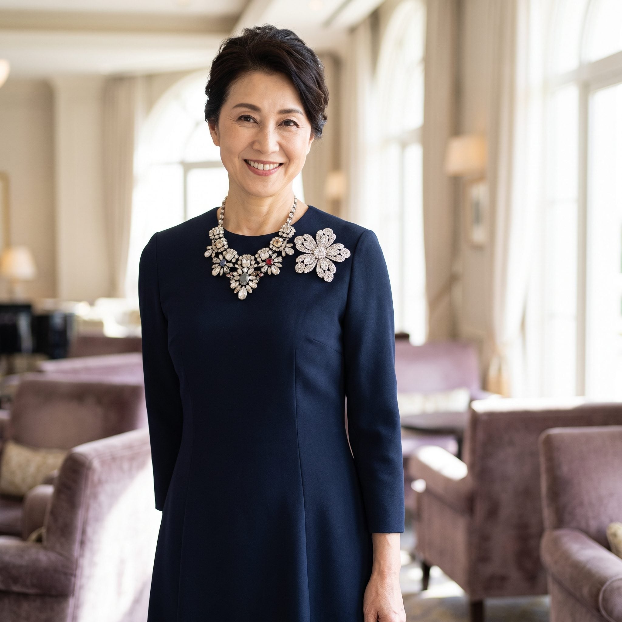 Woman in a navy dress wearing both a jewel-encrusted statement necklace and a large crystal floral brooch on her chest.