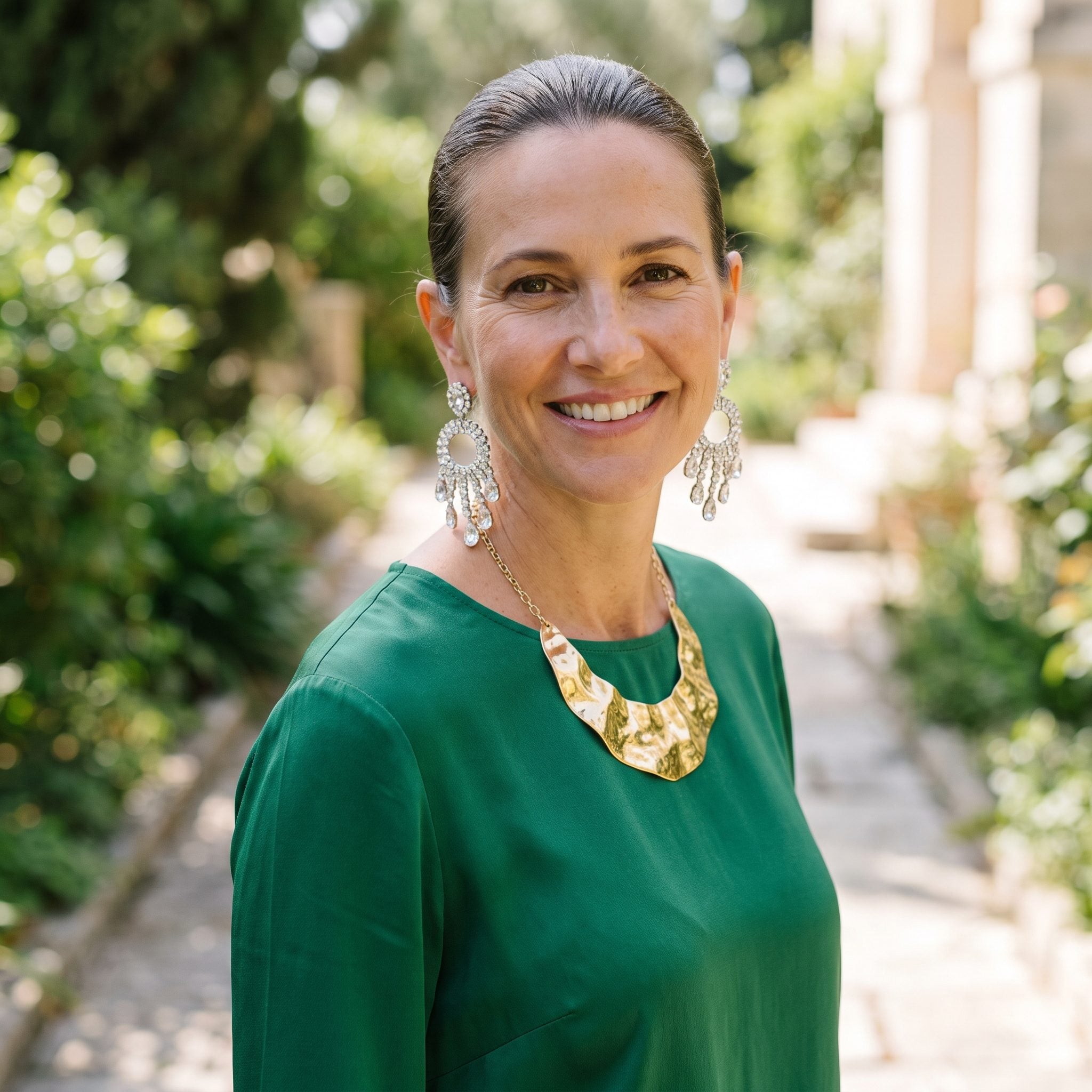 Woman in an emerald blouse wearing a large gold statement necklace and enormous crystal chandelier earrings at once.