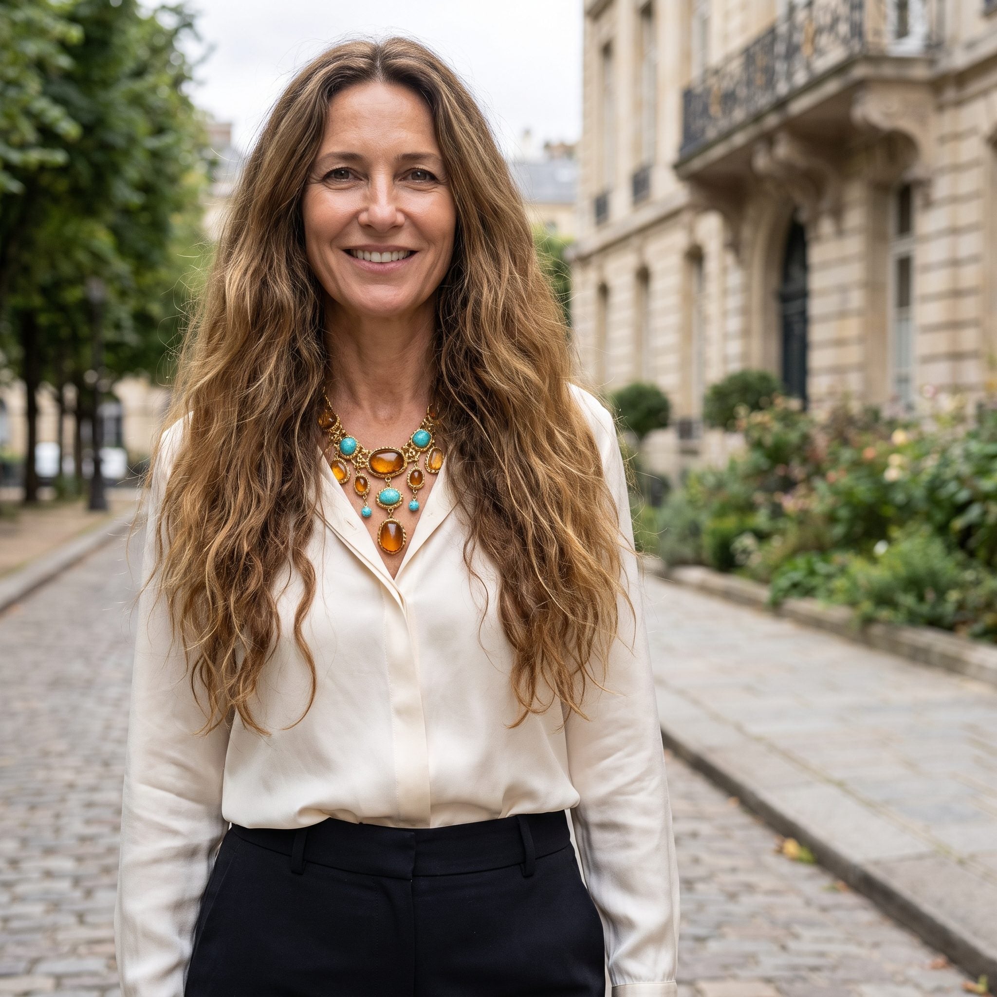 Woman in an ivory blouse with long wavy hair falling over and tangling around a gold statement necklace.