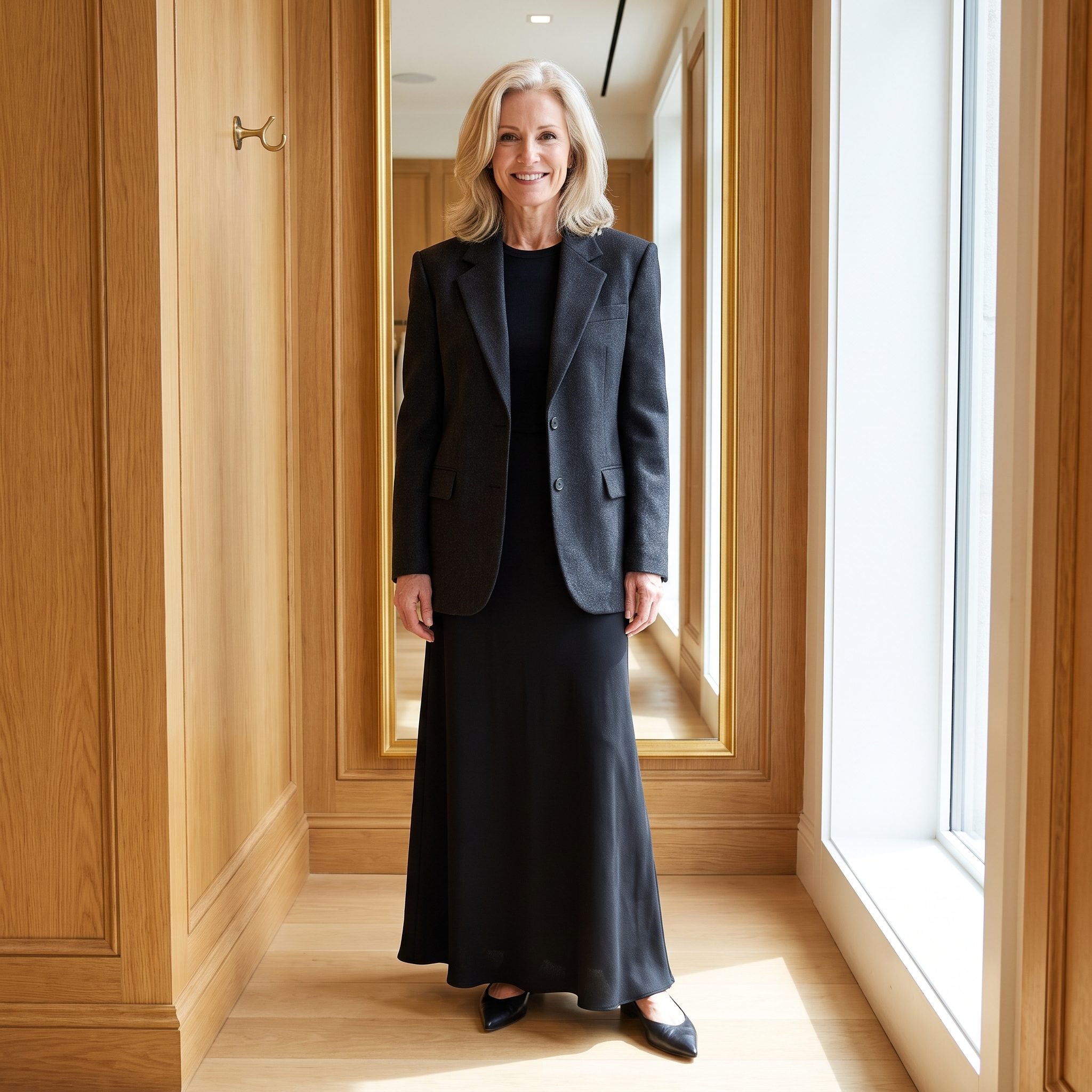 Statement-Shoulder Blazer + Column Maxi Skirt