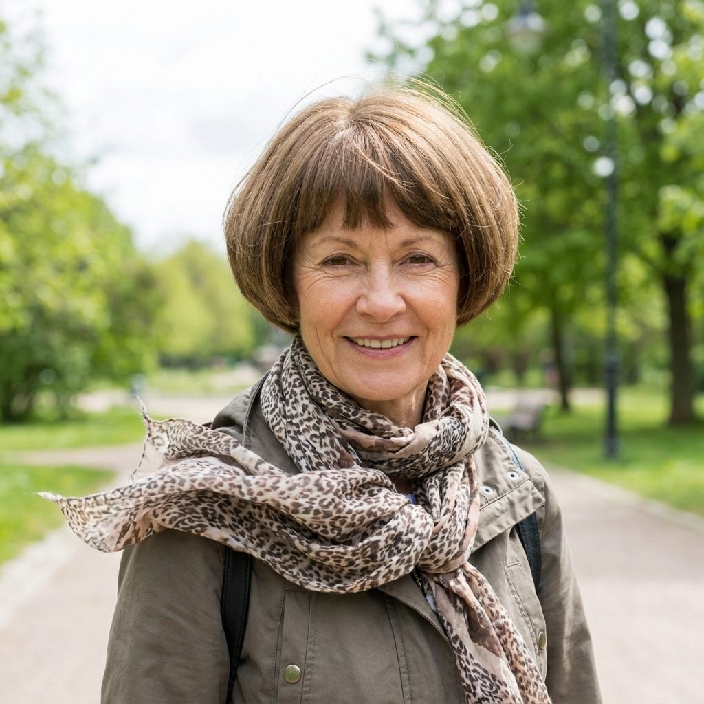 Woman with a silver bob styled so rigidly with product that no strand moves even in a breeze.
