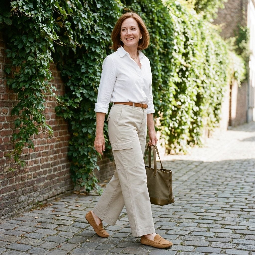 Stone Wide-Leg Cargo Pants + Tan Suede Driving Loafers