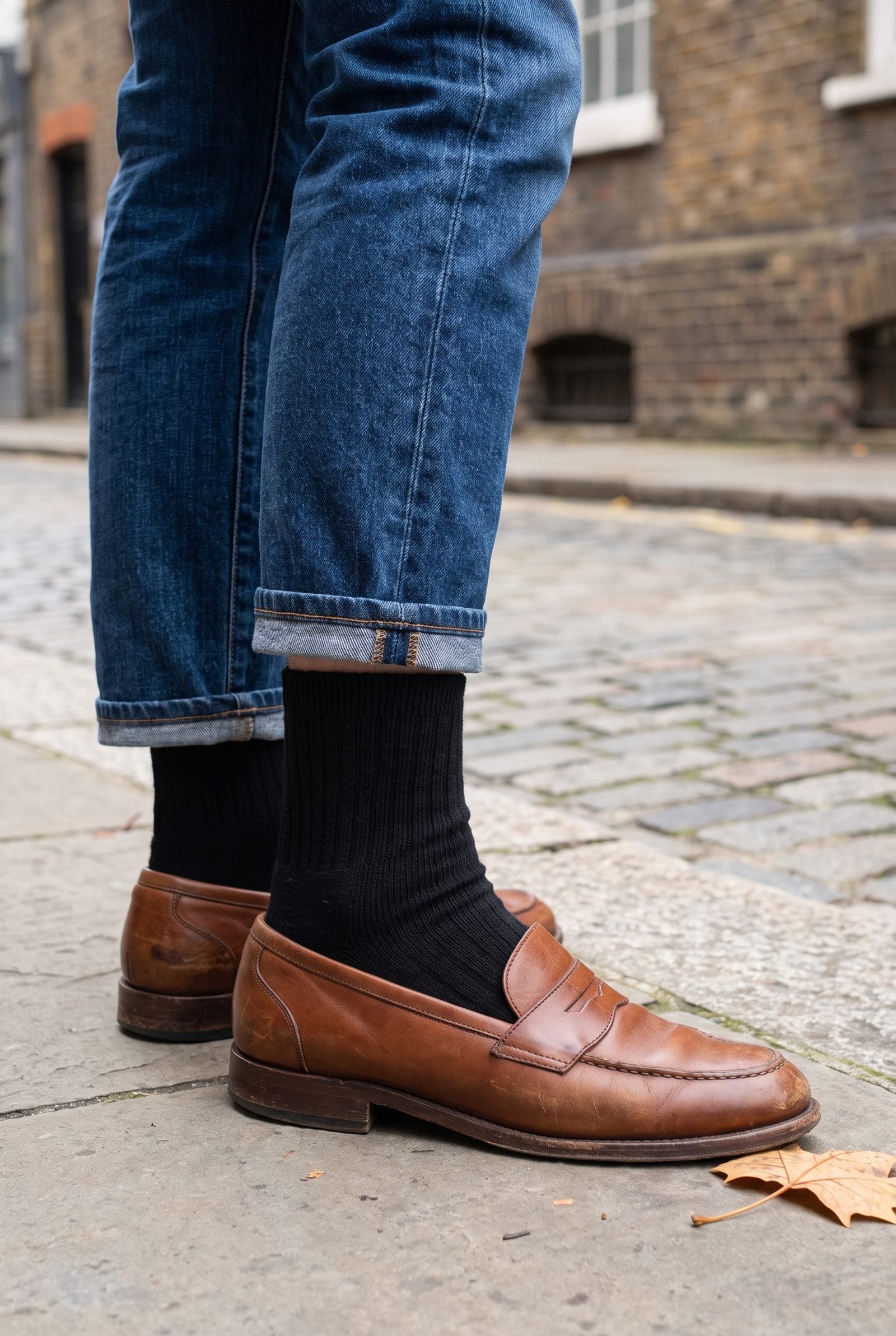 Woman in straight blue jeans and brown loafers with thick black crew socks bunched at the ankle.