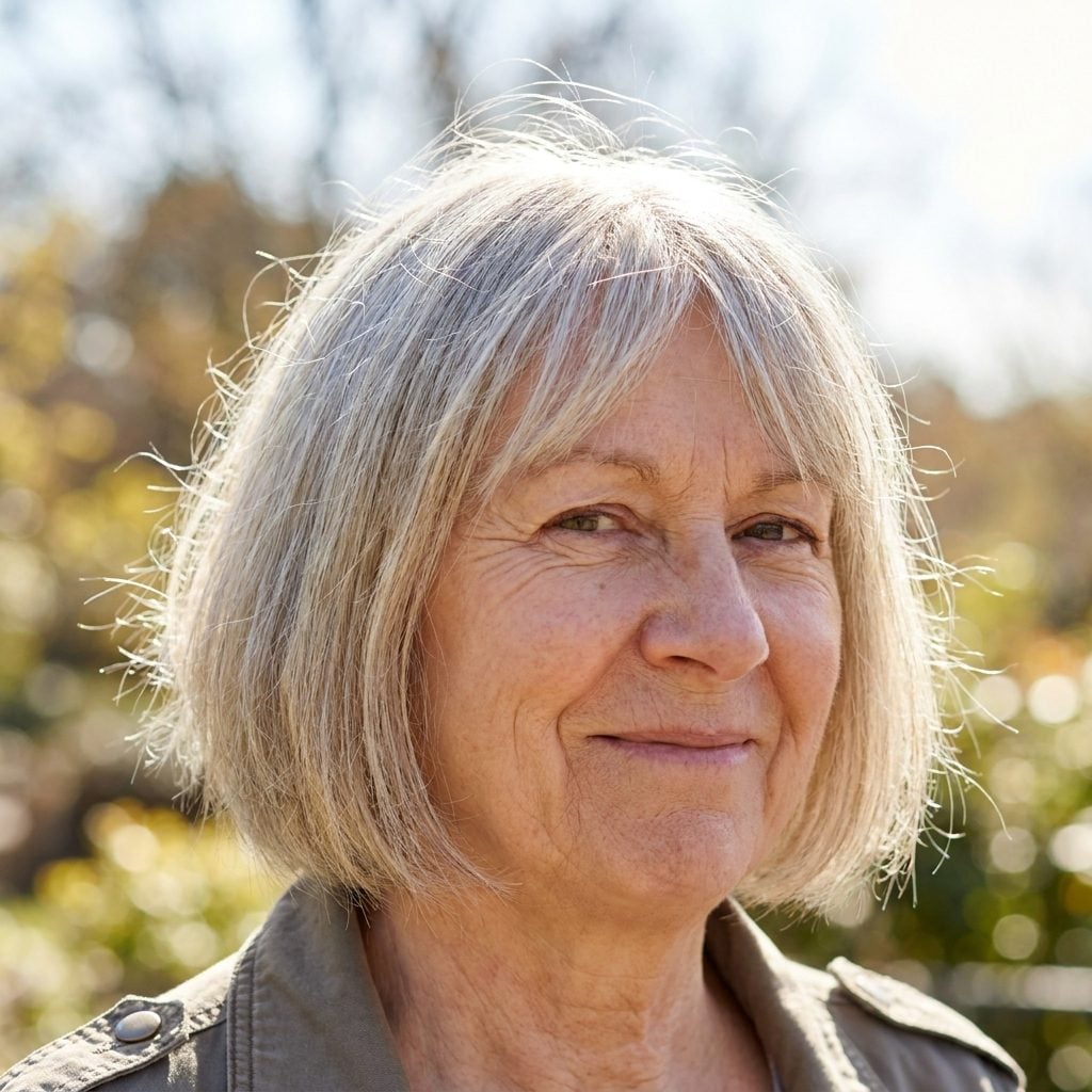 Woman in a cream knit with a bob whose ends taper into thin, separated wispy points.