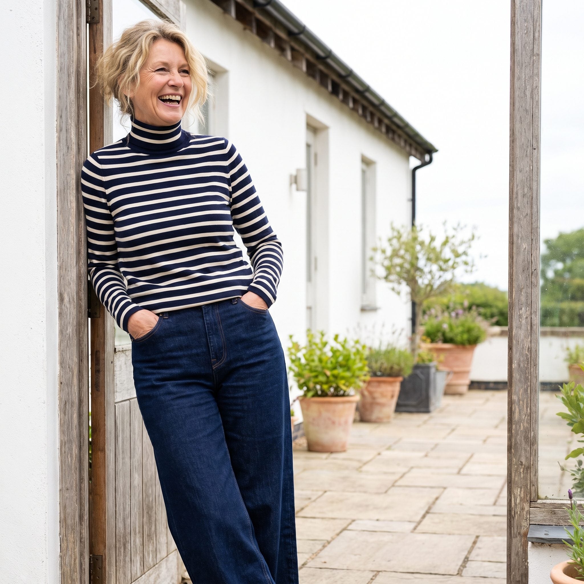 Striped Turtleneck With Wide-Leg Indigo Jeans