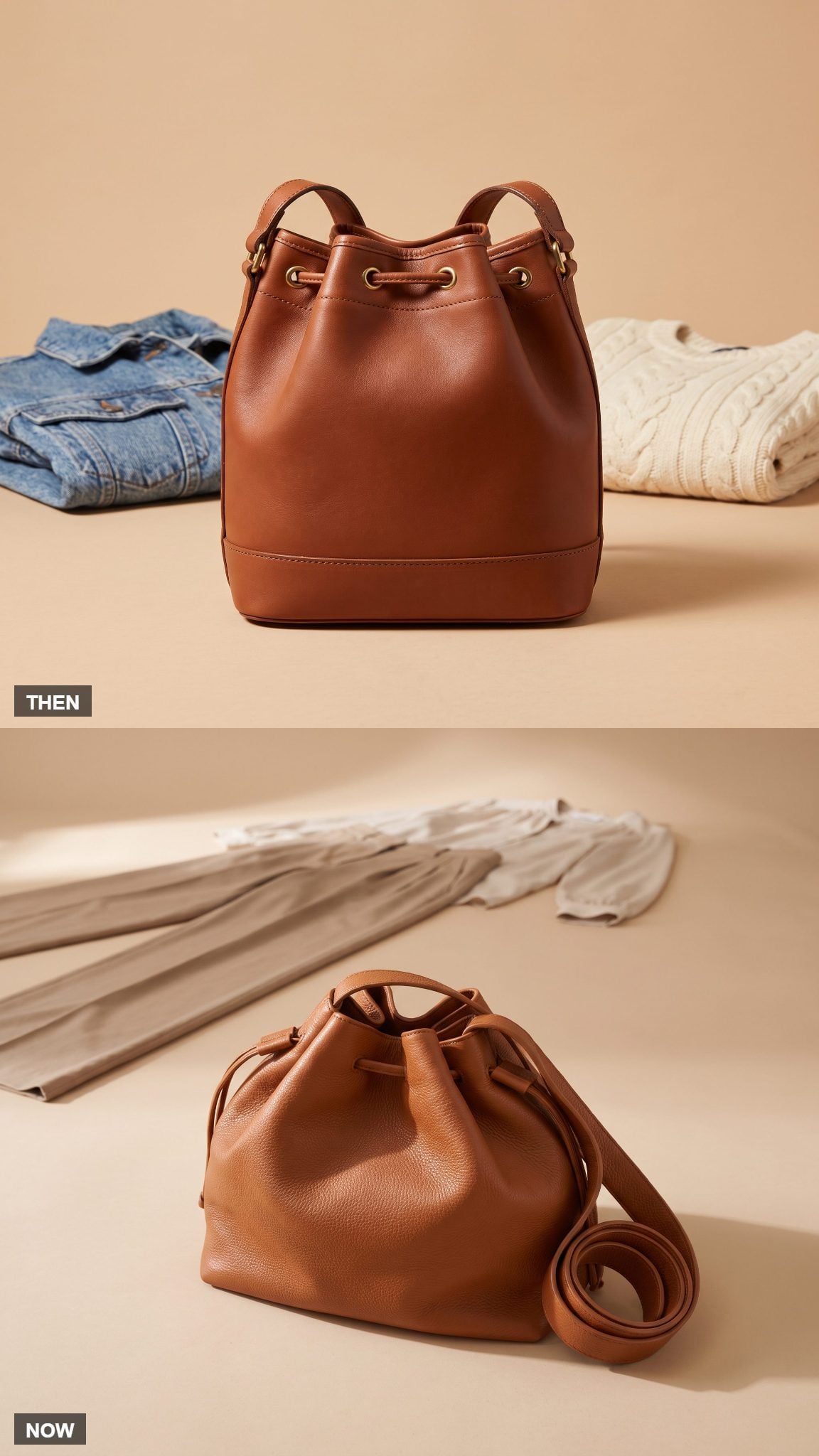 Structured Leather Bucket Bag → Soft Drawstring Bucket Bag