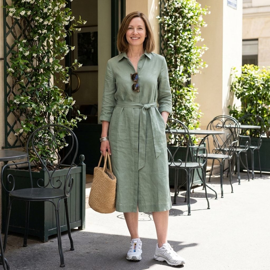 Woman in a sage linen shirtdress with technical white trail-running sneakers with lug soles.