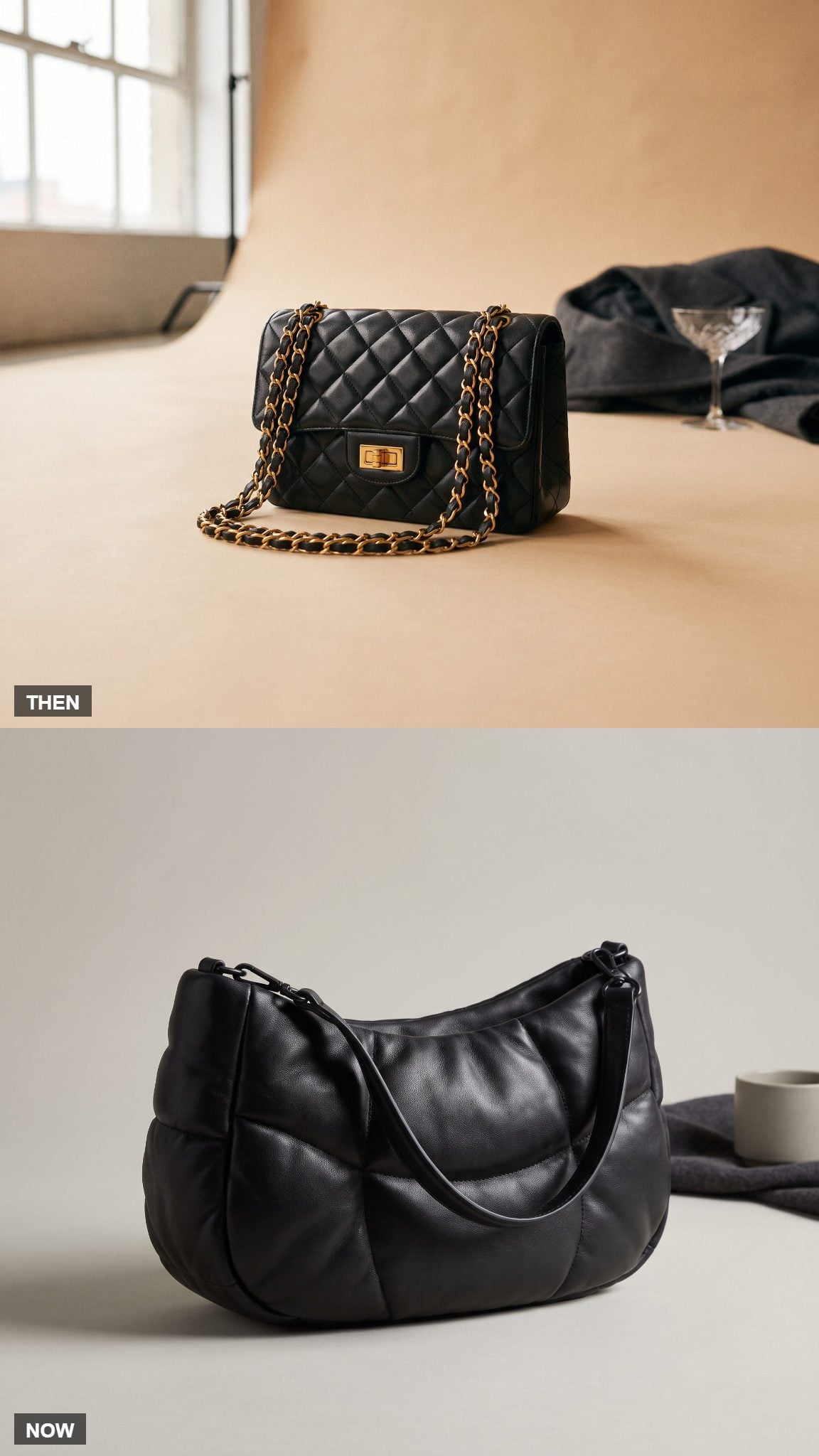 Structured Quilted Flap Bag → Soft Quilted Shoulder Bag