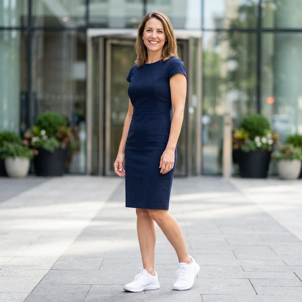 Woman in a navy structured sheath dress wearing white mesh running sneakers with thick foam soles.