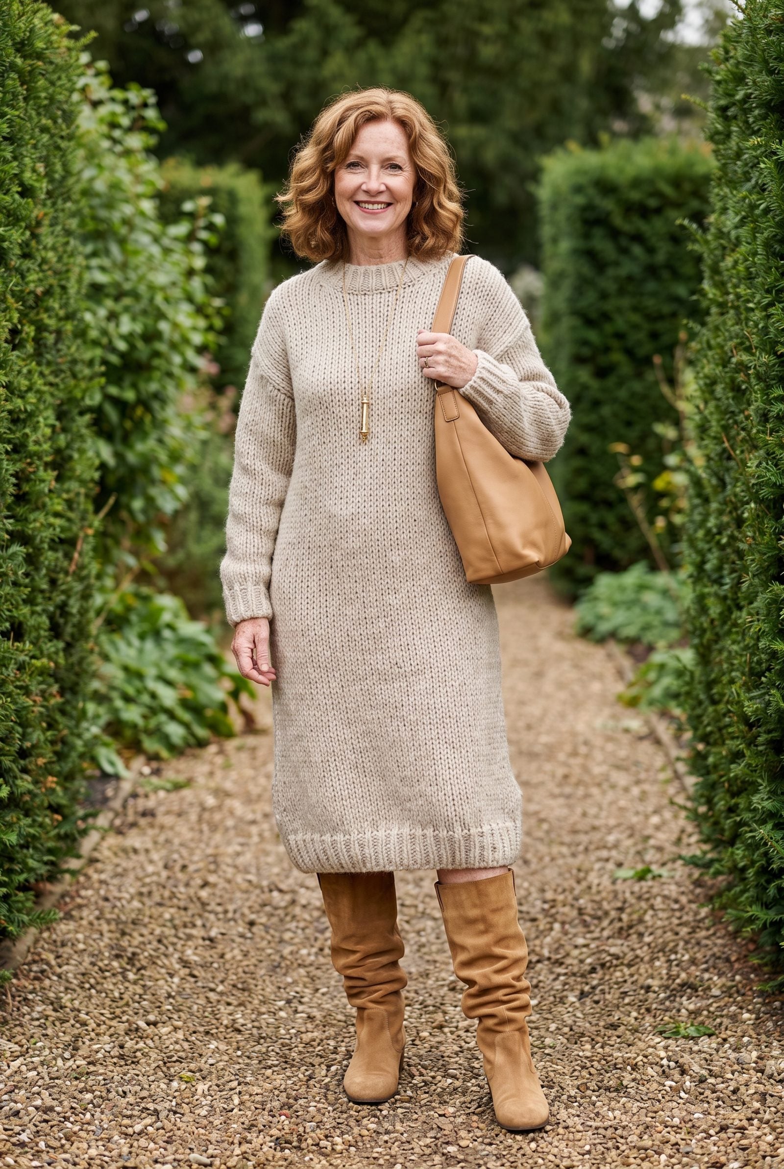 Woman in an oatmeal sweater dress and tan slouch boots, the hem landing where the boots collapse into folds.