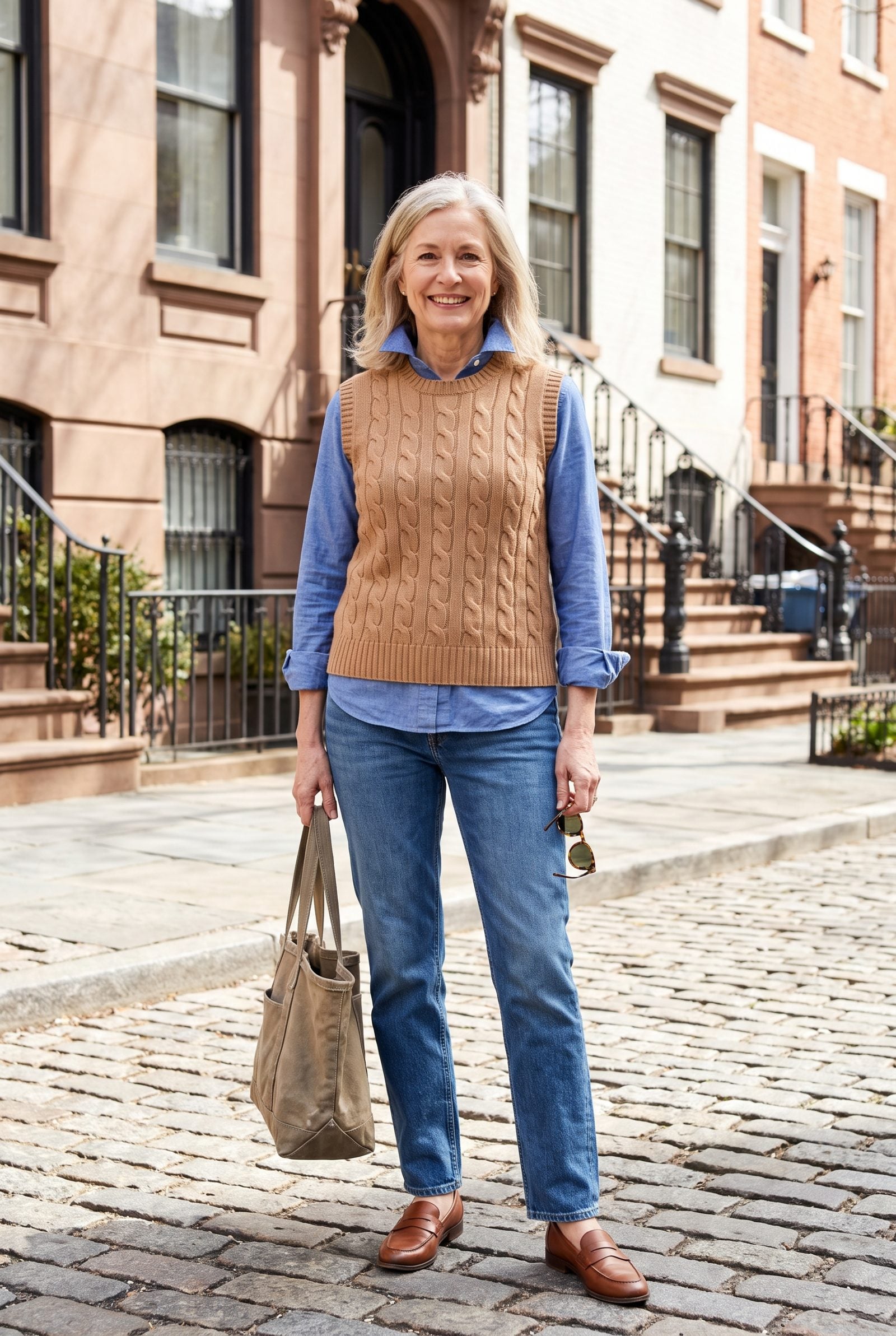 Sweater Vest Over a Blue Oxford Shirt and Straight-Leg Jeans