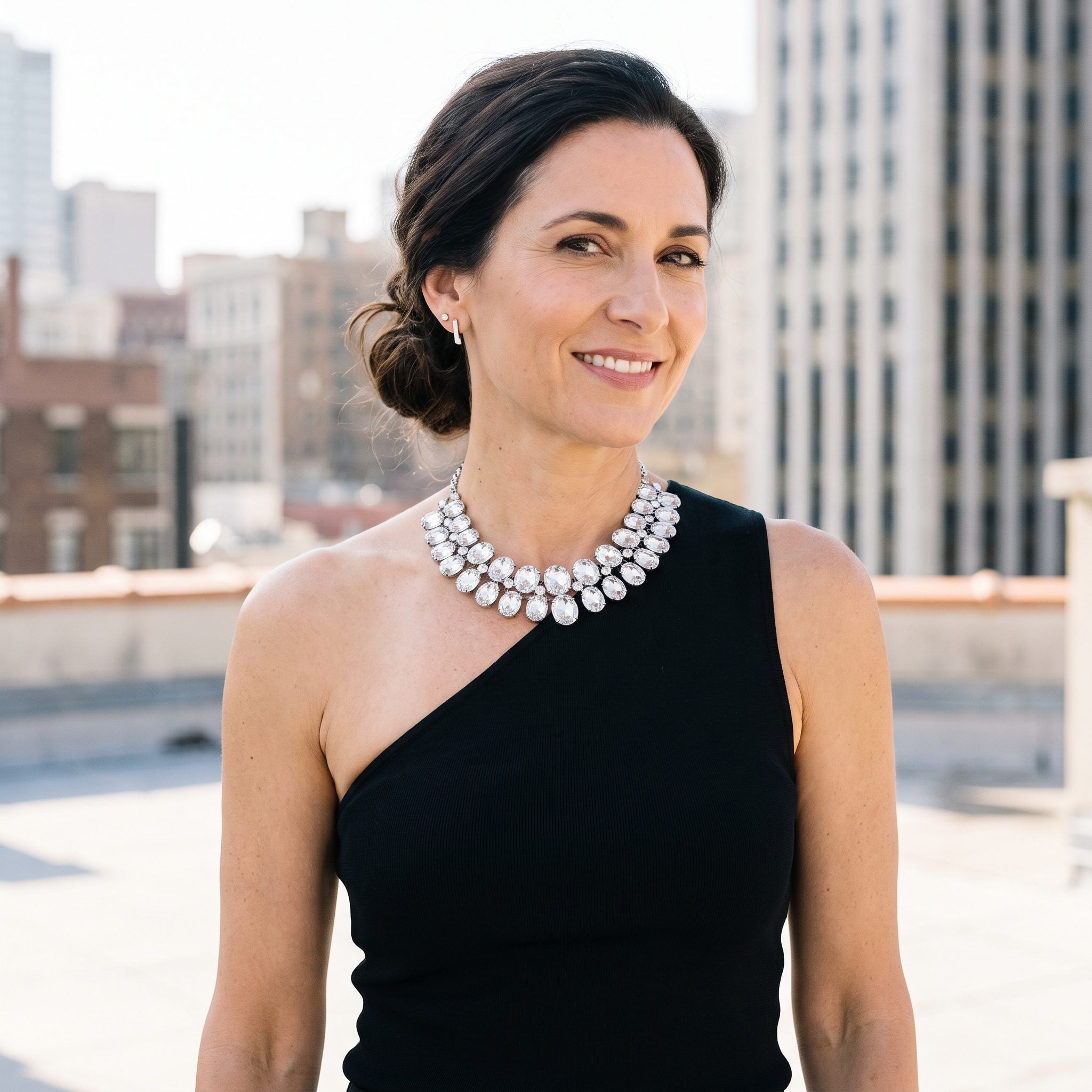 Woman in a black one-shoulder top with a large centered symmetrical crystal necklace.